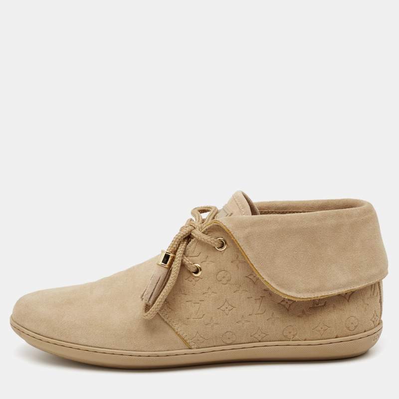 Louis Vuitton Beige Embossed Monogram Suede Lace Up Sneakers Size 37