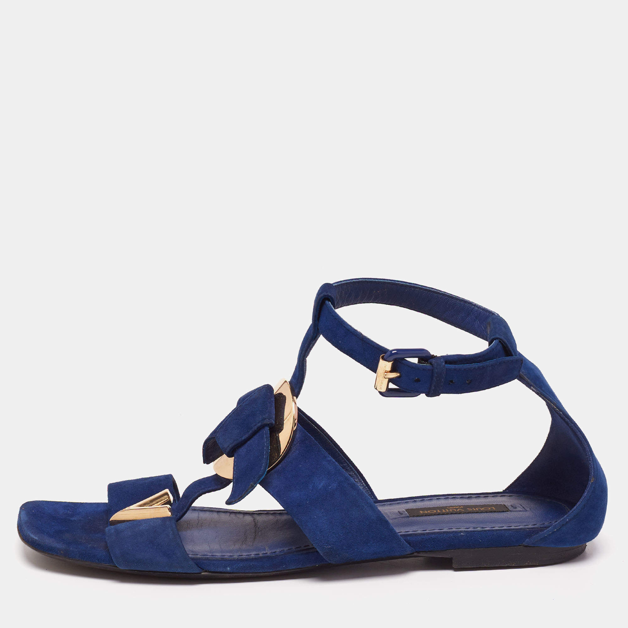 Louis Vuitton Blue Suede Flat Ankle-Strap Sandals Size 38 Louis Vuitton