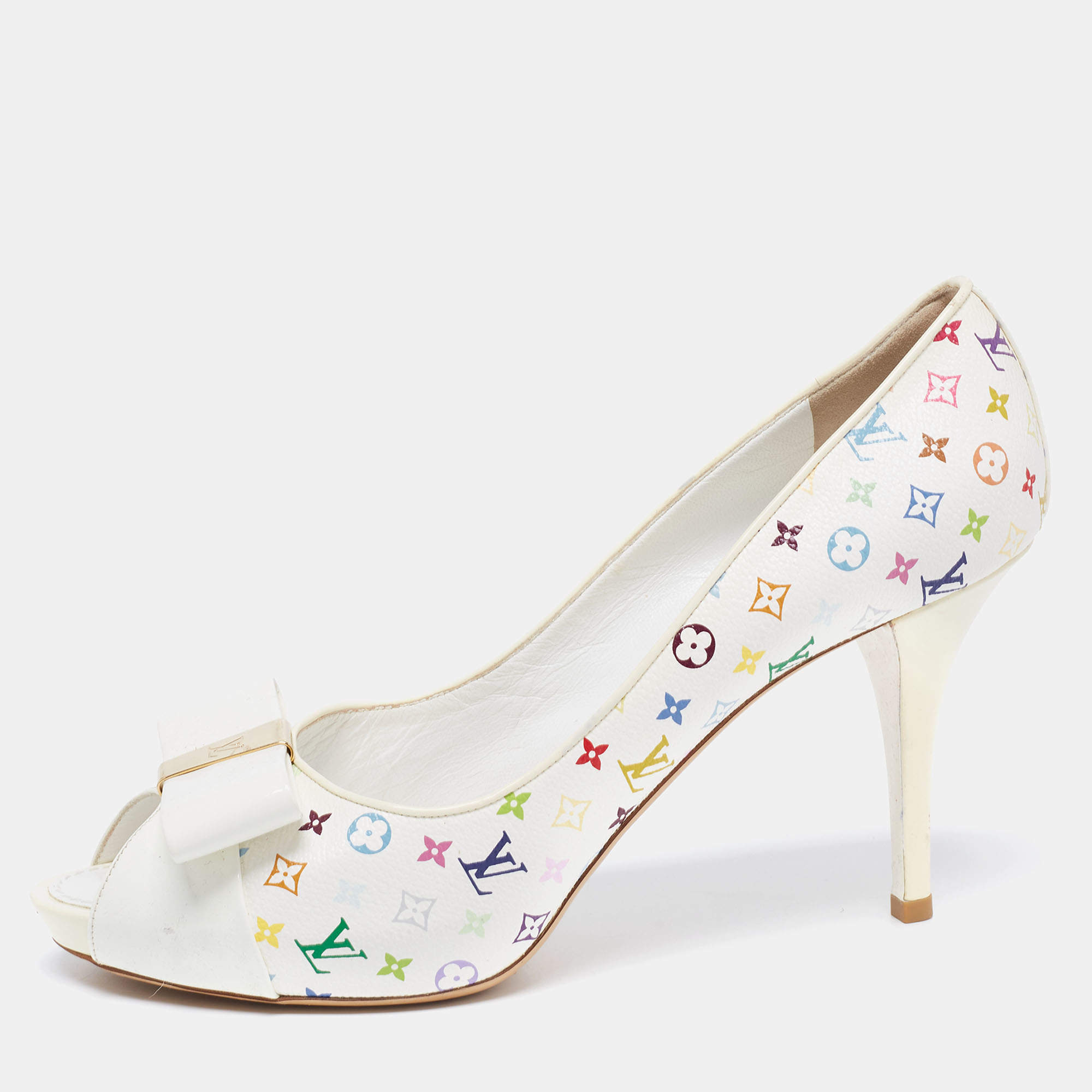 Louis Vuitton White Monogram Multicolor Ankle Strap Heels in Metallic