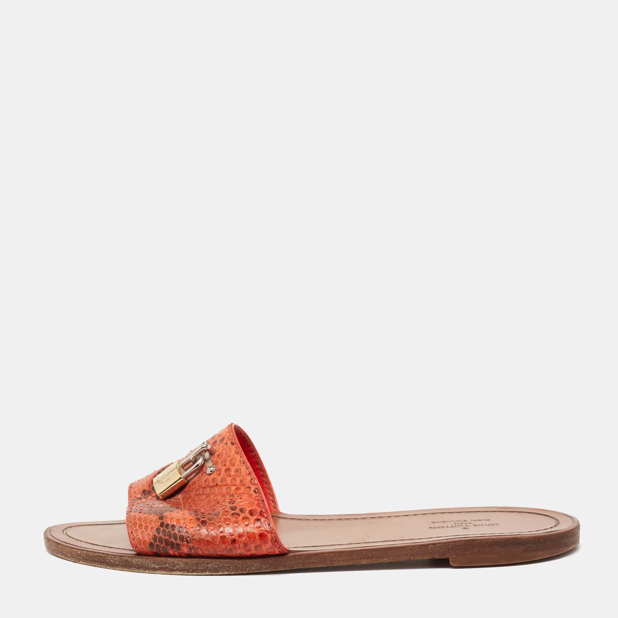 Louis Vuitton Orange/Brown Snakeskin Leather Lock It Flat  Sandals Size 38