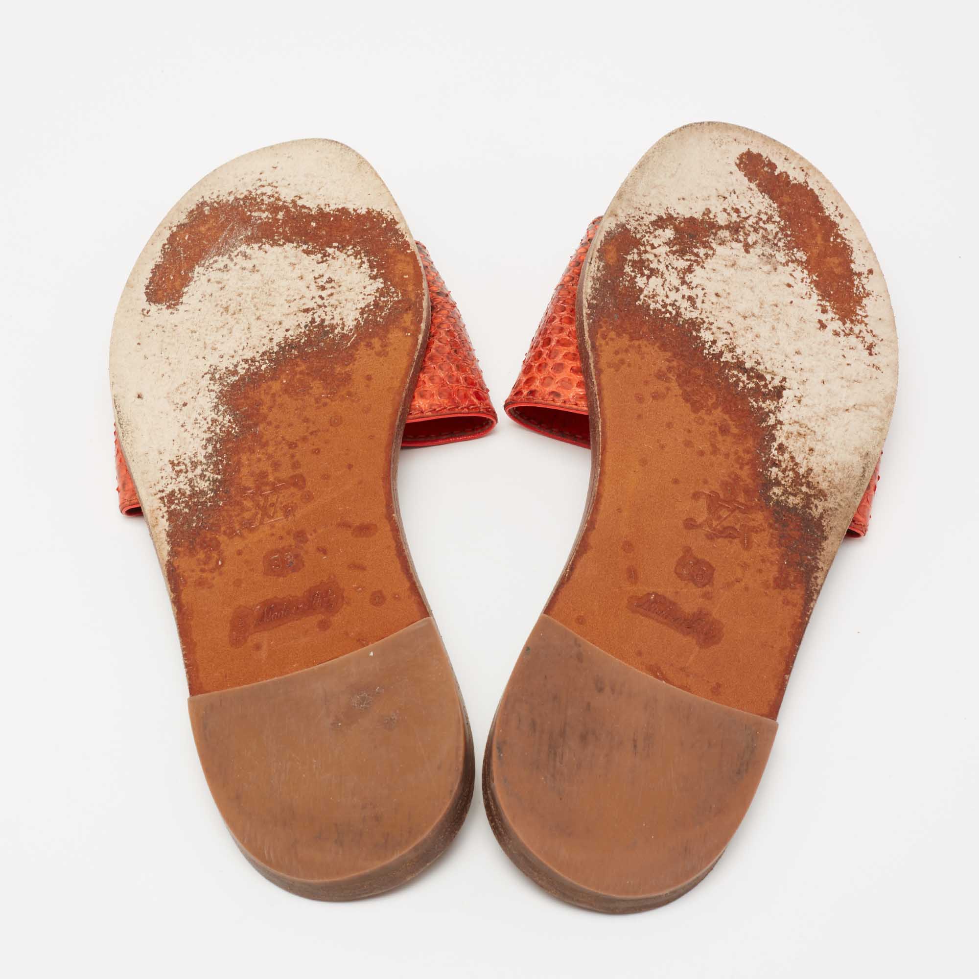 Louis Vuitton Orange/Brown Snakeskin Leather Lock It Flat Sandals