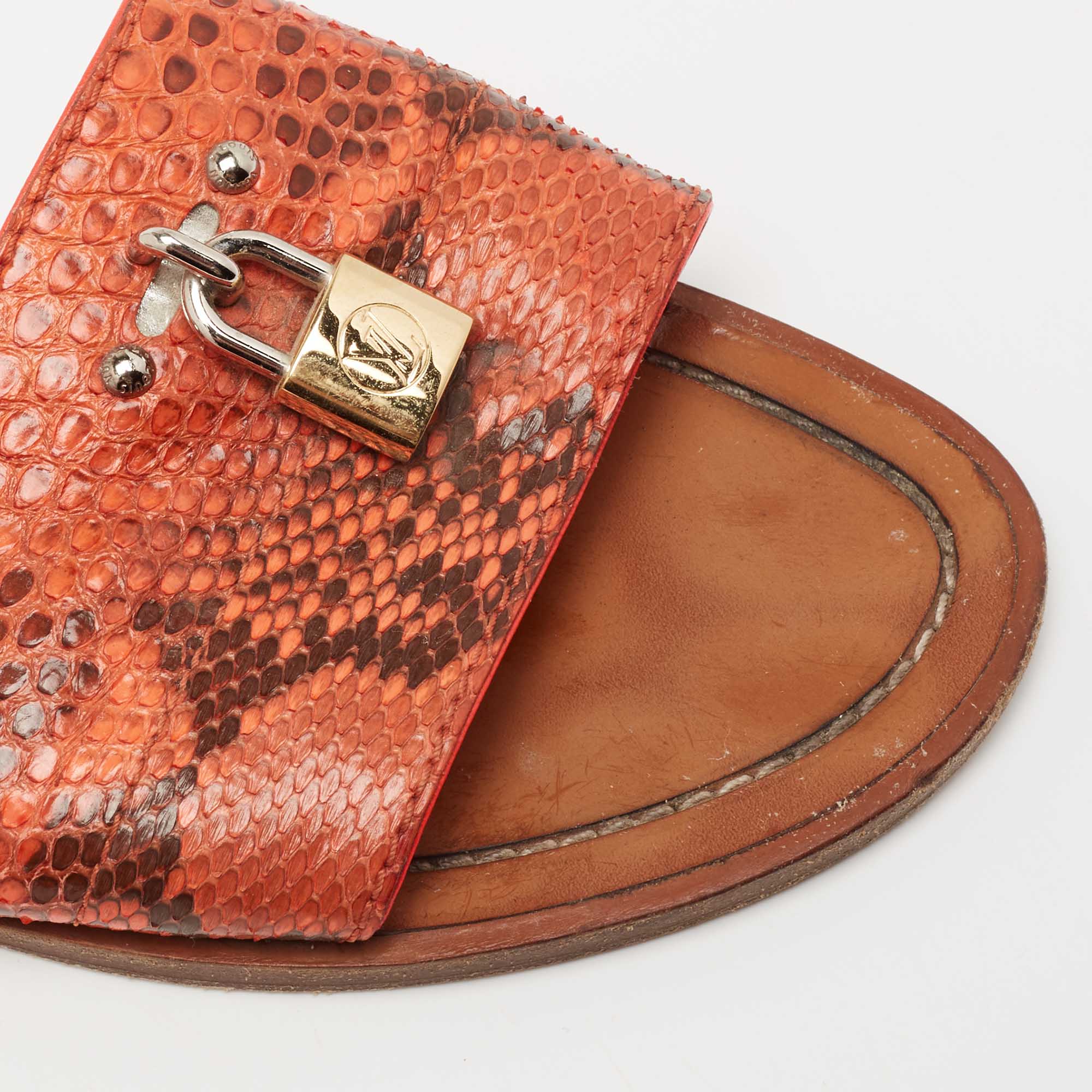 Louis Vuitton Orange/Brown Snakeskin Leather Lock It Flat Sandals