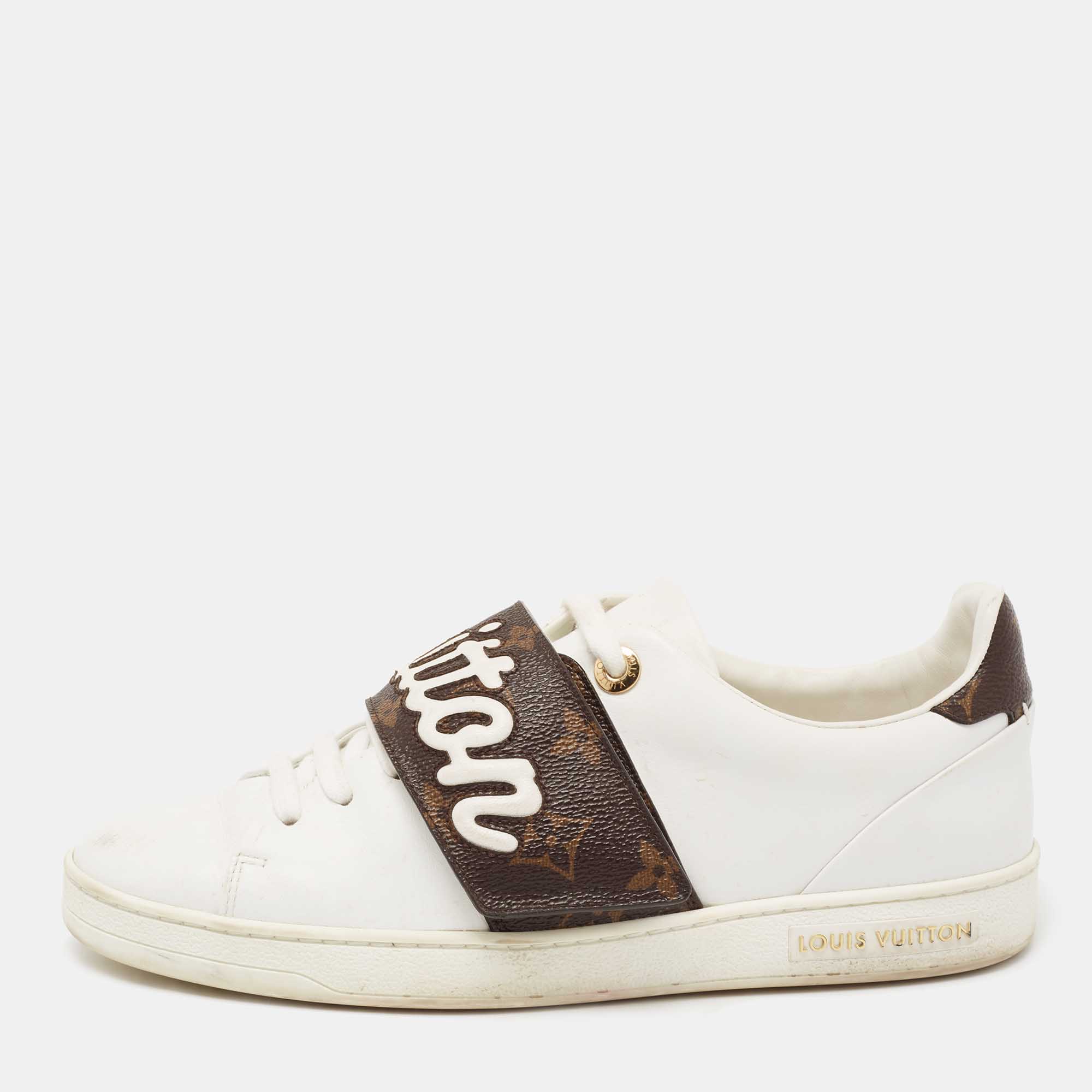 Louis Vuitton White Leather And Monogram Canvas  Frontrow Low Top Sneakers Size 38