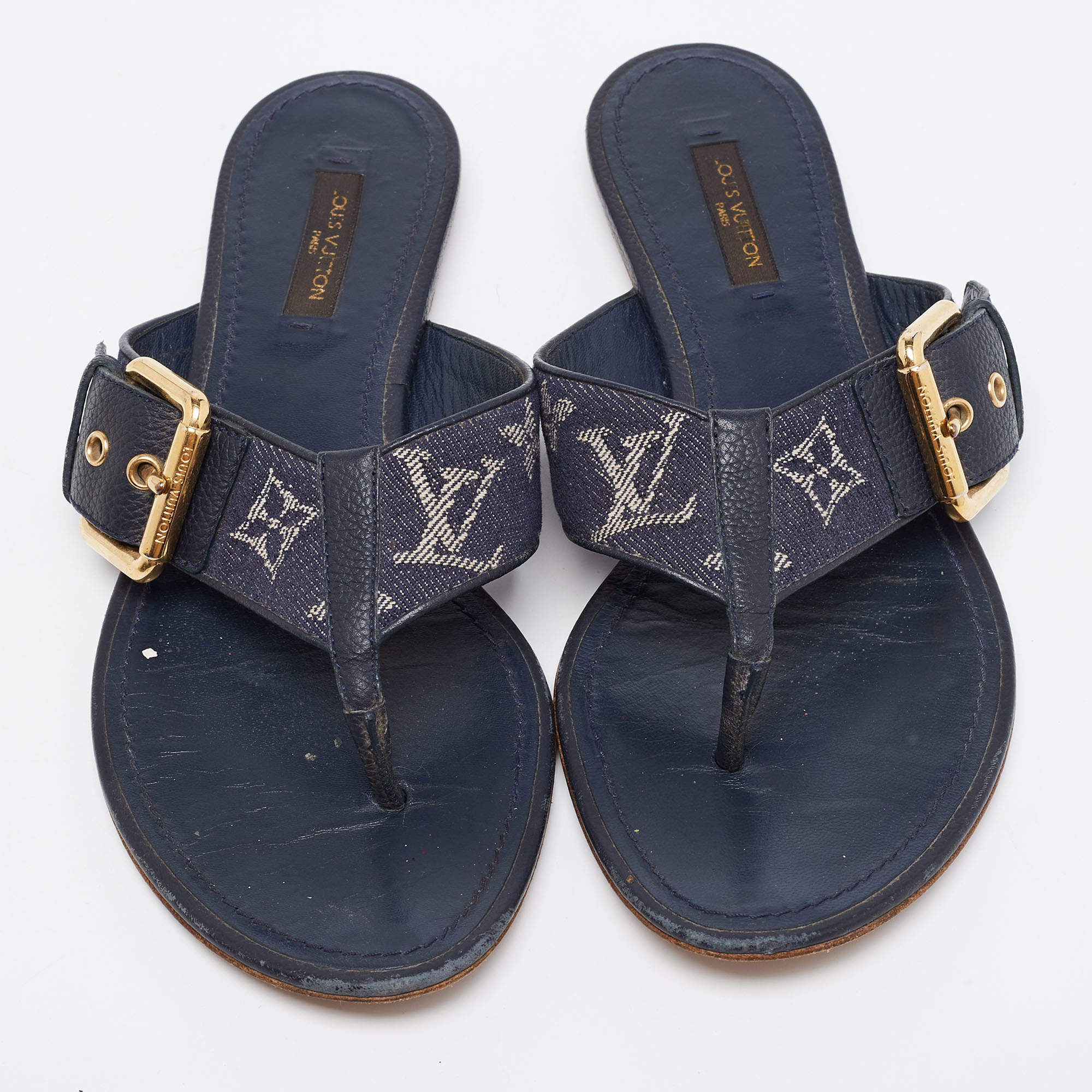 Louis Vuitton Blue Denim Monogram Thong Buckle Detail Sandals Size 37.5 Louis  Vuitton