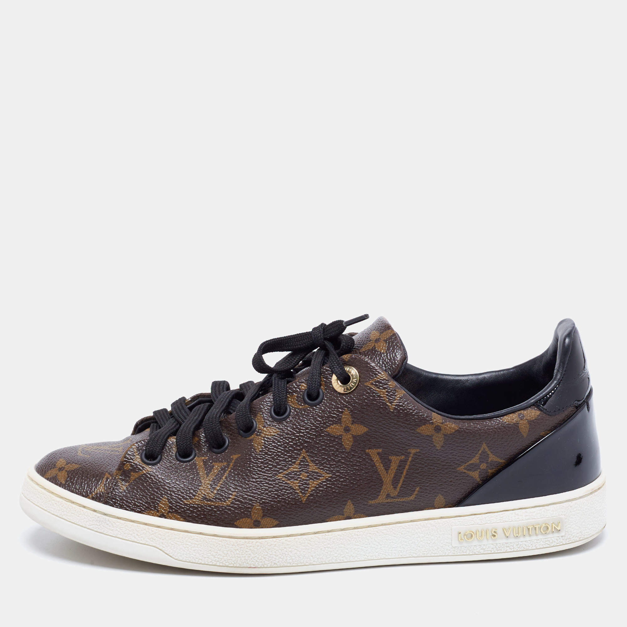 Pre Owned Louis Vuitton Brown/Black Monogram Canvas and Patent Leather Frontrow Low-Top Sneakers Size 39