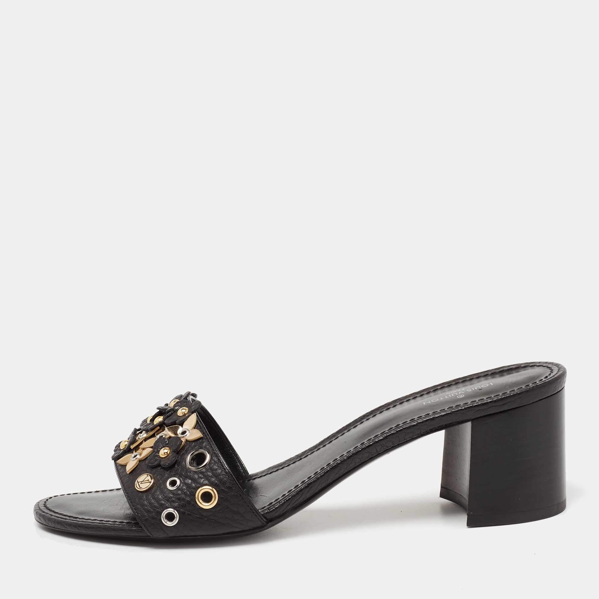 Pre Owned صندل سلايد لوي فيتون جلد أسود كعب مربع سميك مقاس 39