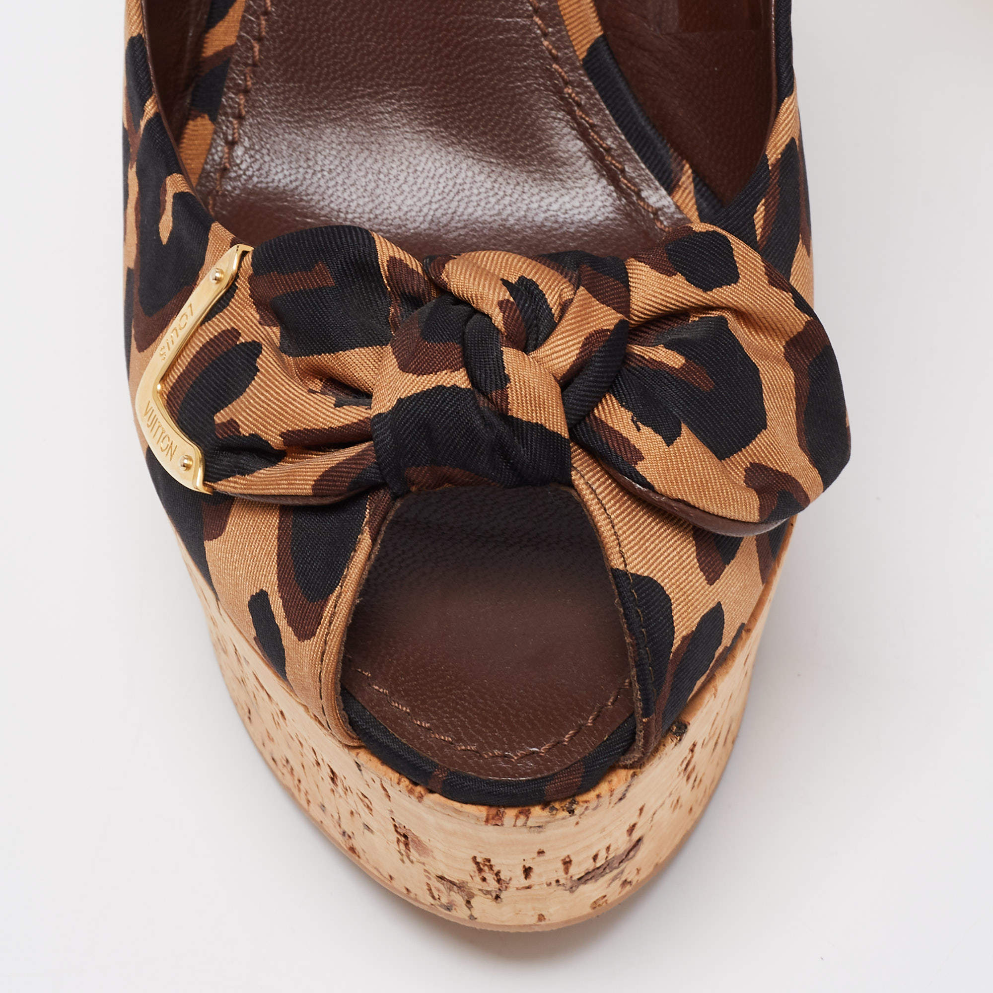 Louis Vuitton Tri-Color Leopard Print Canvas Bow Platform Wedge Slingback  Sandals Size 40 Louis Vuitton