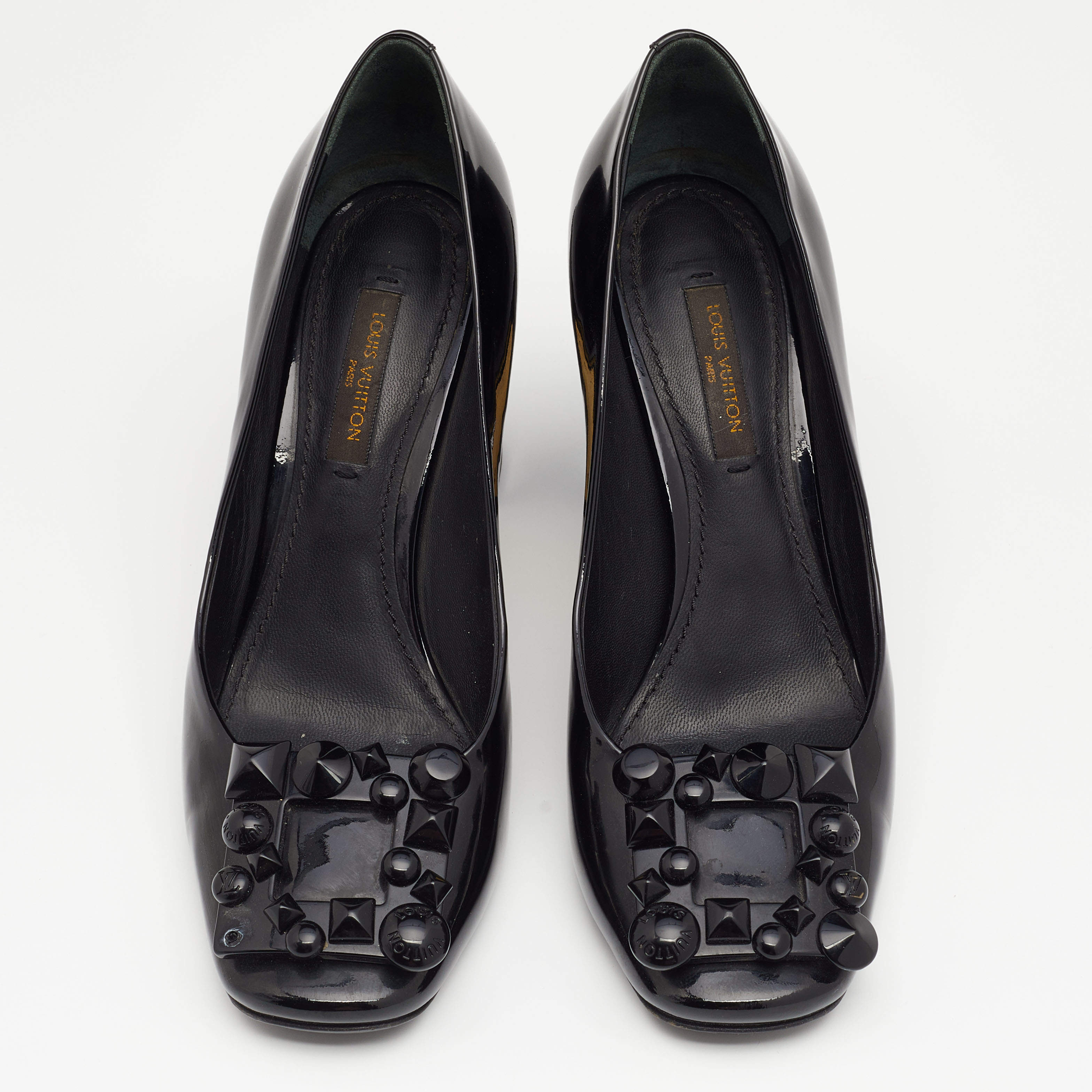 Louis Vuitton Black Patent Leather Studded Graceful Block Heel Pumps Size  36 Louis Vuitton | The Luxury Closet