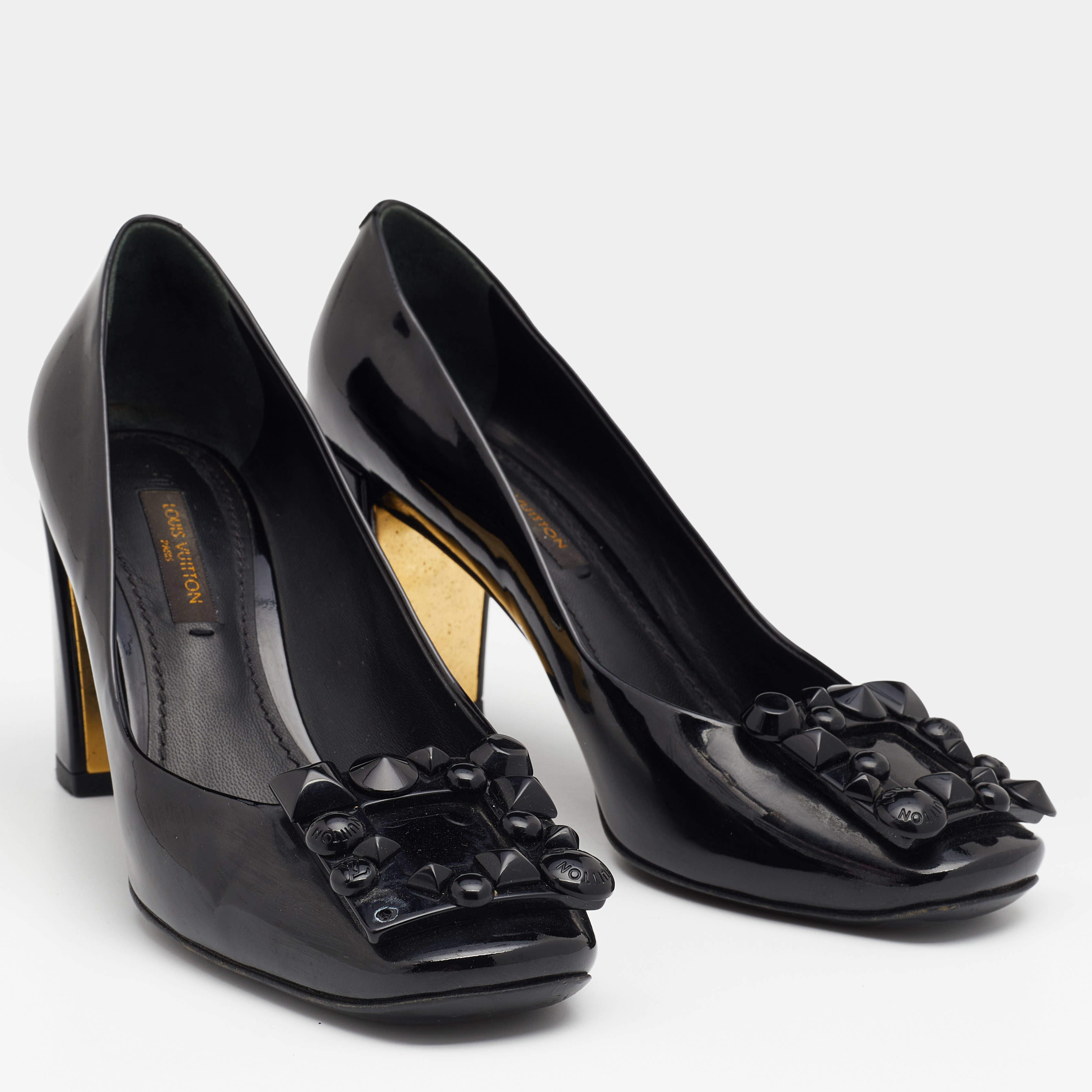 Louis Vuitton Black Patent Leather Studded Graceful Block Heel Pumps Size  36 Louis Vuitton | The Luxury Closet