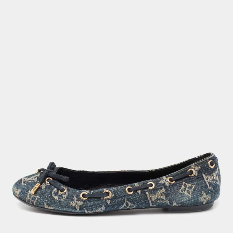 Pre Owned Louis Vuitton Navy Blue Monogram Denim Bow Ballet Flats Size 37