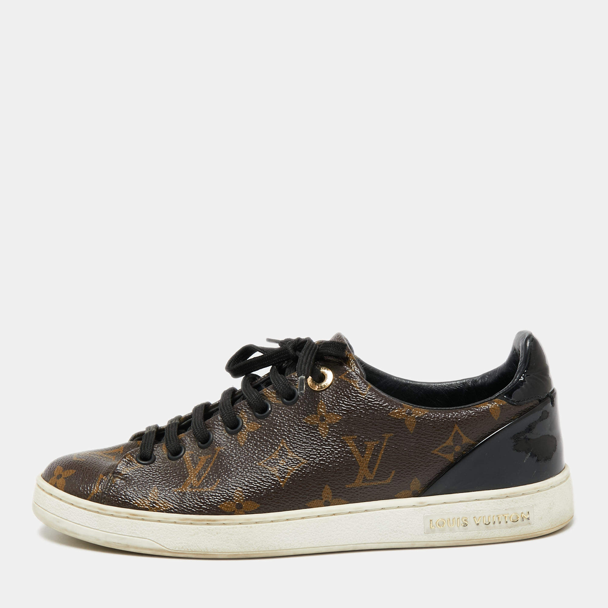 Pre Owned Louis Vuitton Brown Monogram Canvas and Black Patent Leather Frontrow Low Top Sneakers Size 38
