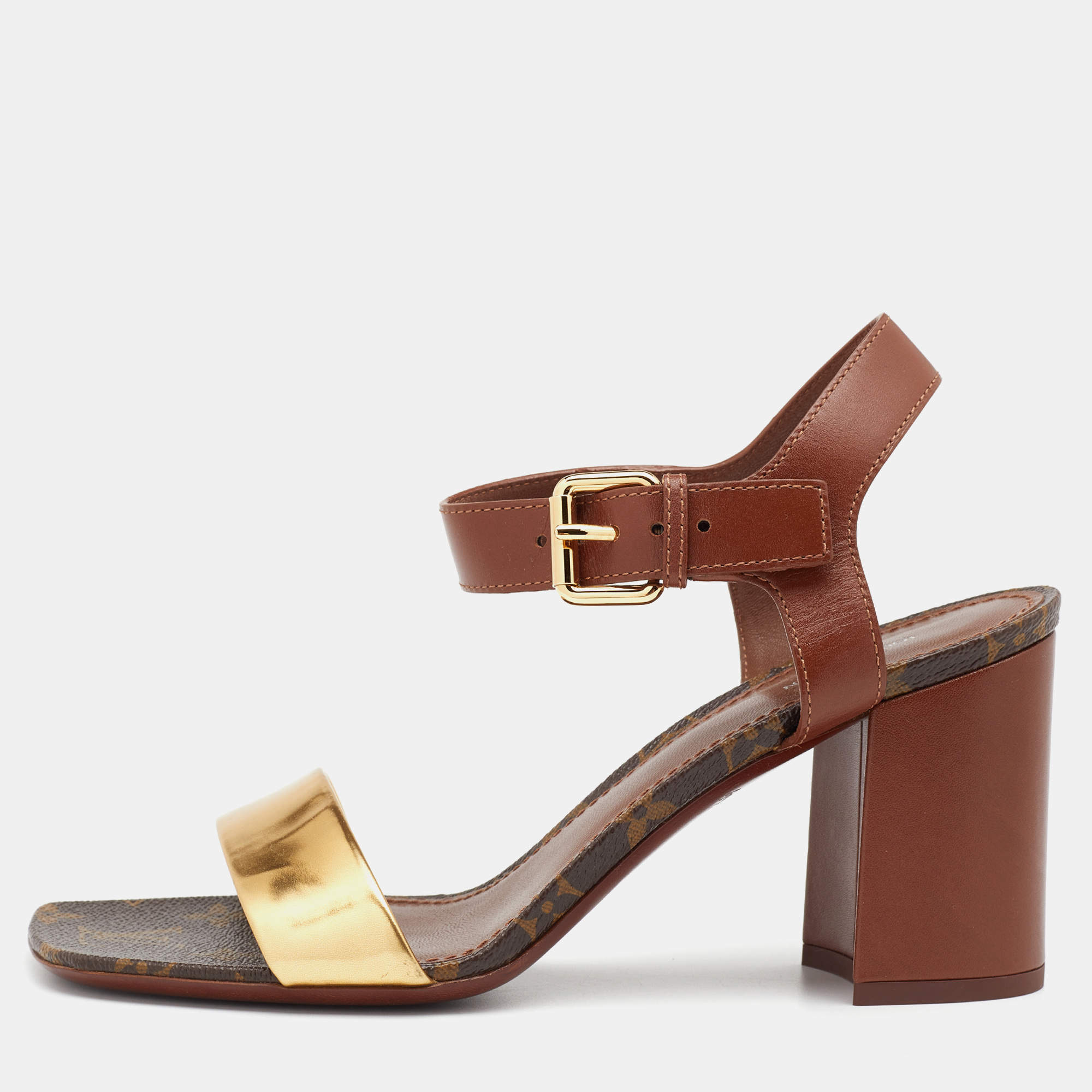 Pre Owned Louis Vuitton Gold/Brown Monogram Canvas and Leather Golden Bloom Sandals Size 40