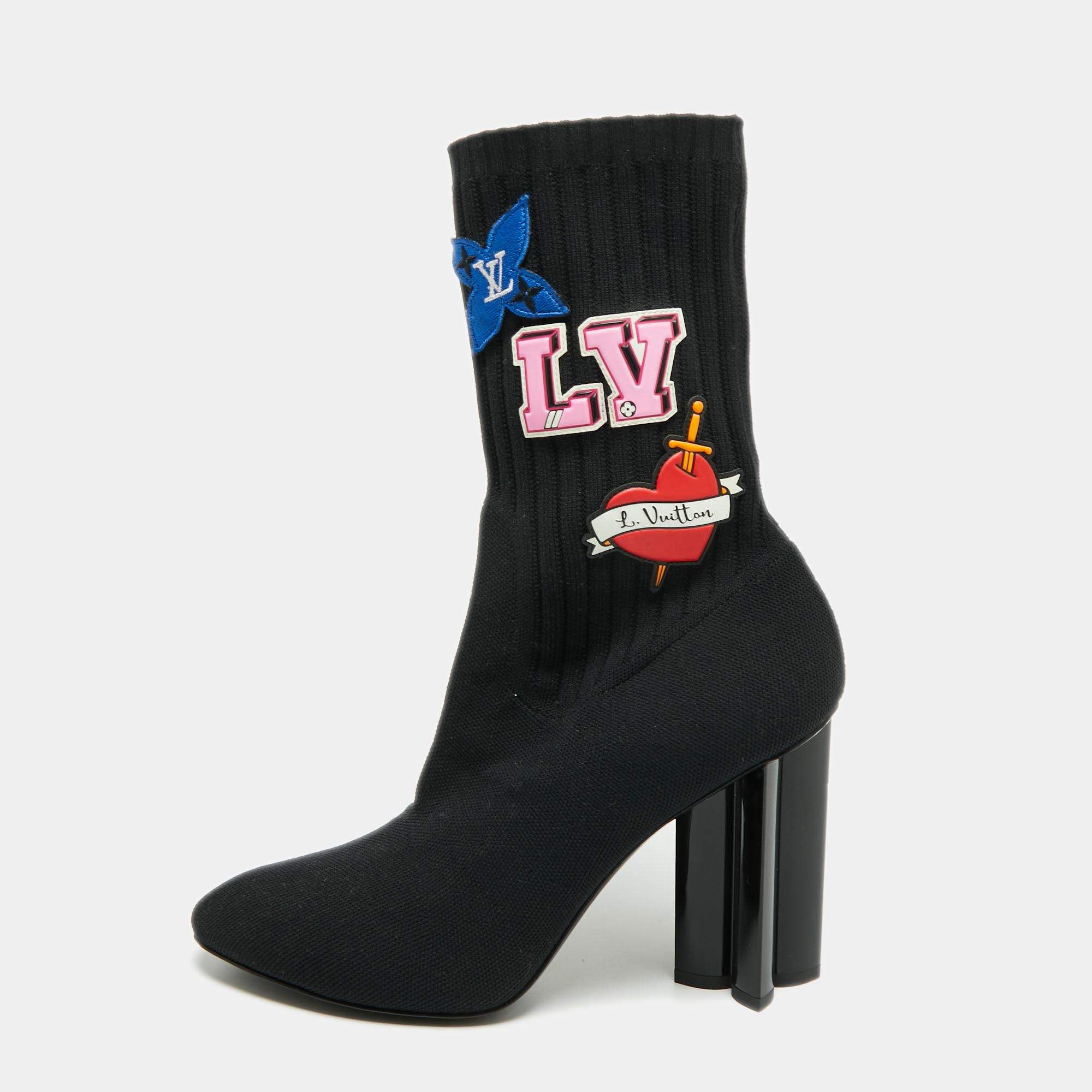 Louis Vuitton Monogram Flower Heeled Knit Socks Ankle Boots Black Women  Size 36
