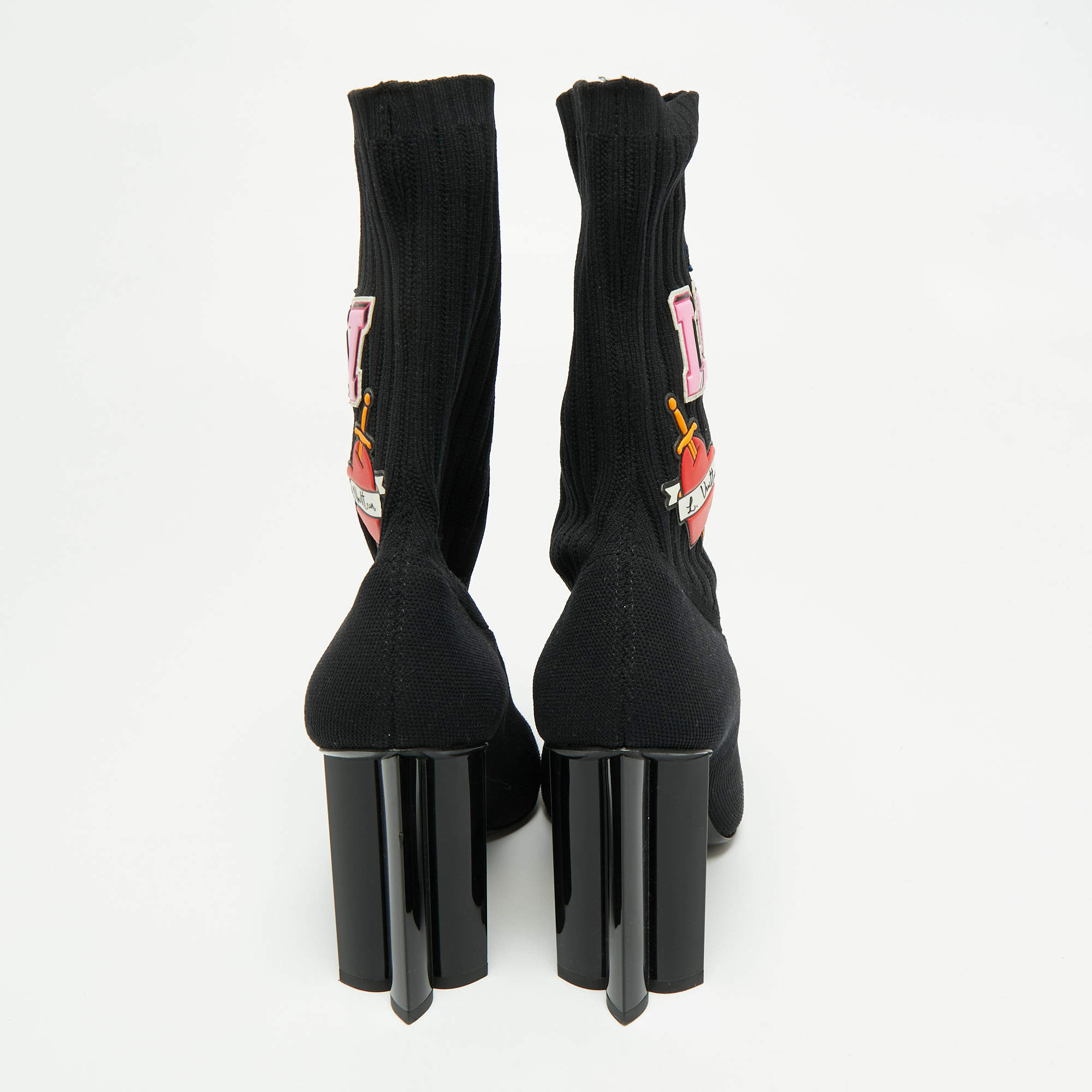 Louis Vuitton Black Knit Fabric LV Black Heart Sock Ankle Boots Size 38.5