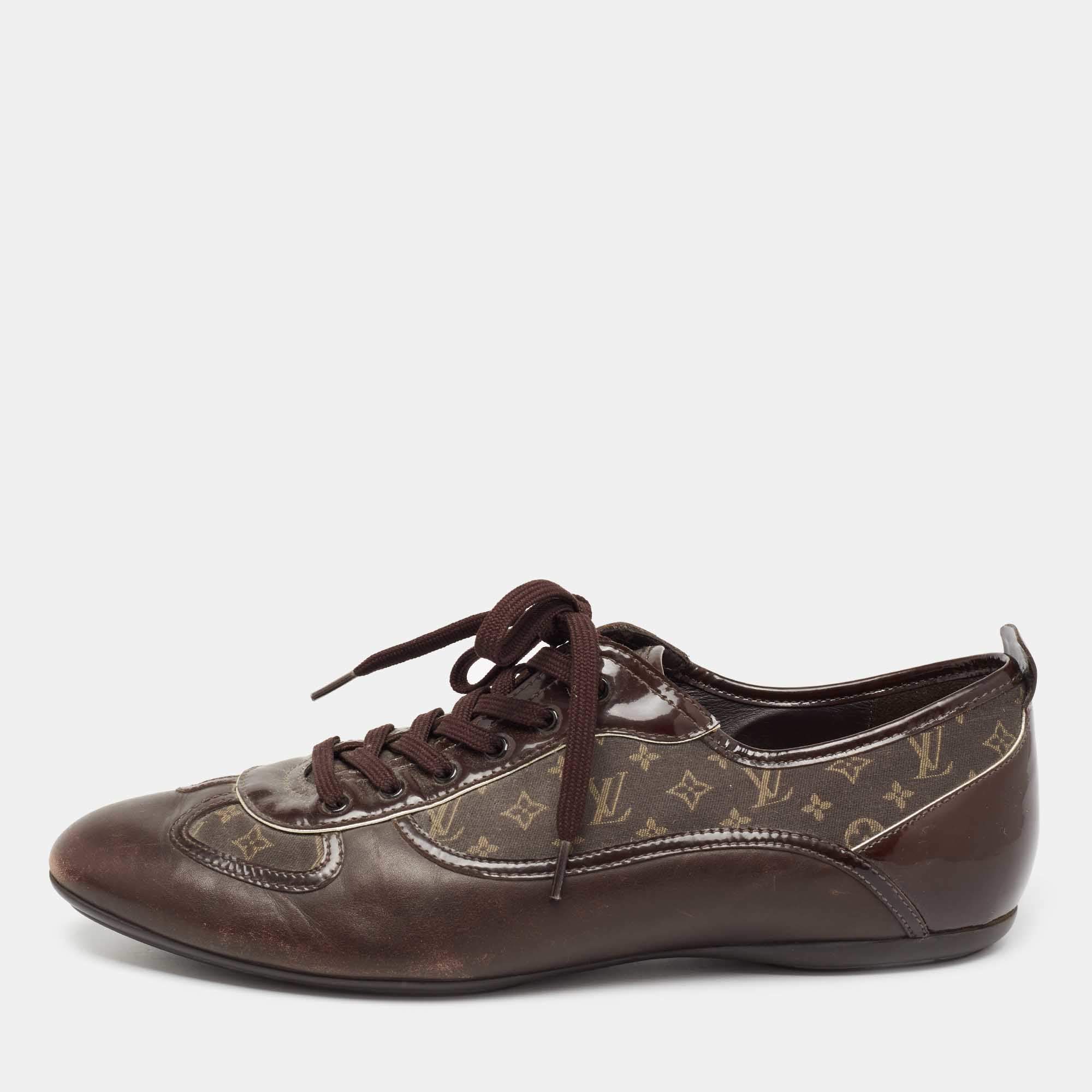 Louis Vuitton Brown Leather And Mini Lin Canvas Low Top Sneakers Size 41