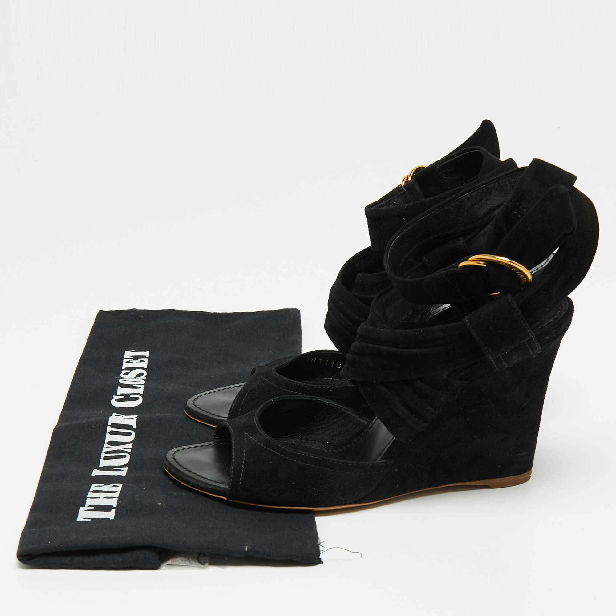 Louis Vuitton Black Suede Crisscross Ankle Wrap Wedge Sandals Size 39