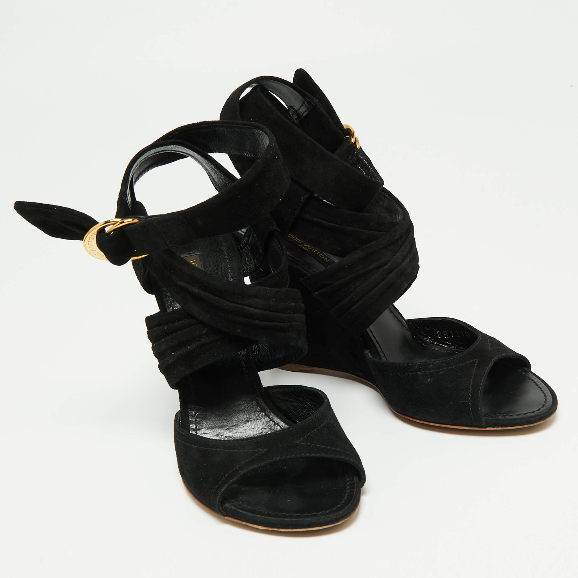 Louis Vuitton Black Suede Crisscross Ankle Wrap Wedge Sandals Size 39