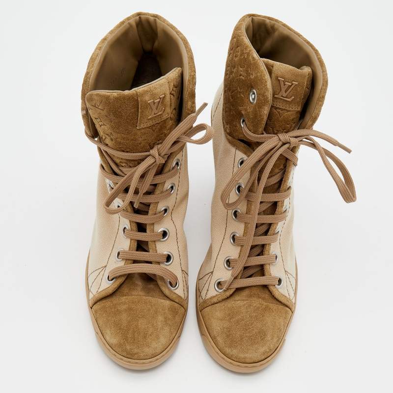 LOUIS VUITTON BEIGE CLOTH AND VELVET WEDGE SNEAKERS