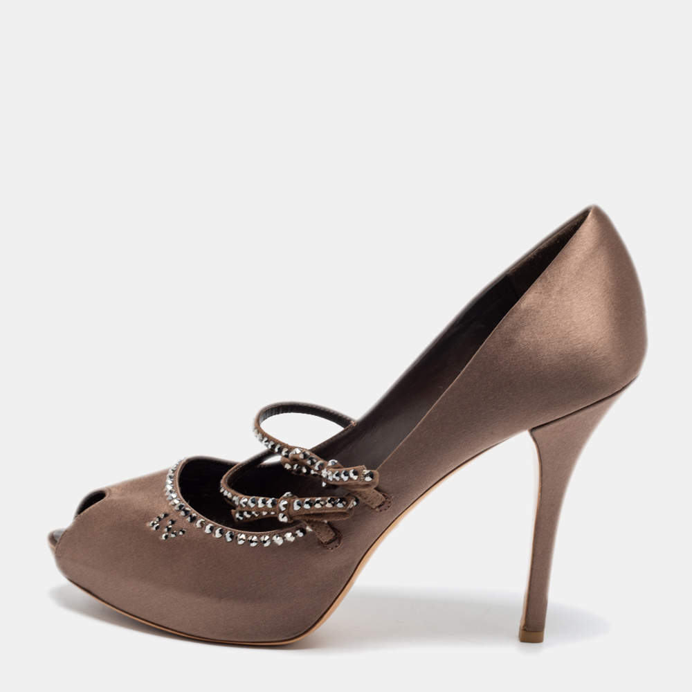 Louis Vuitton Brown Satin Crystal Embellished Peep Toe Pumps Size 40