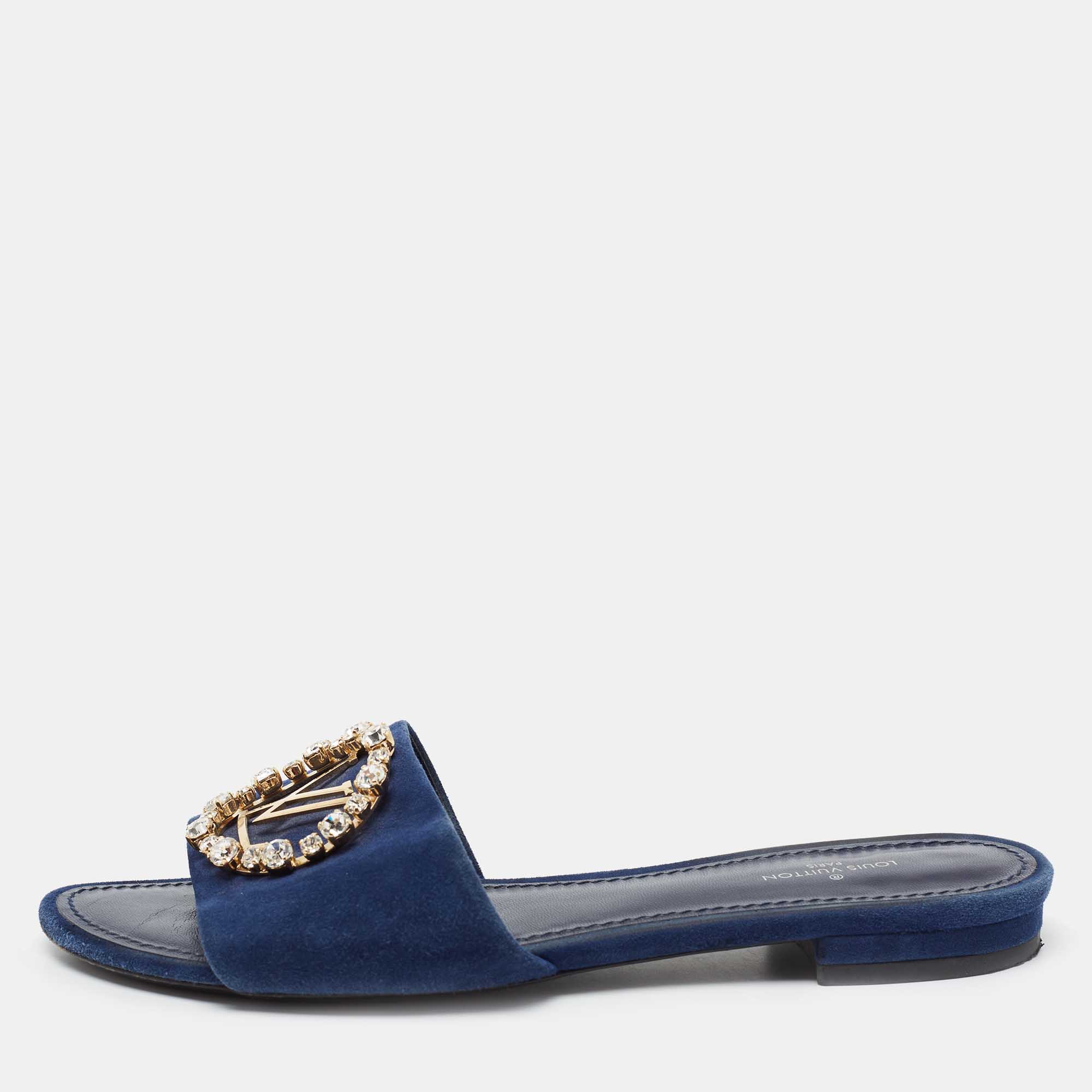 Pre Owned Louis Vuitton Blue Suede Madeleine Flat Slide Sandals Size 36