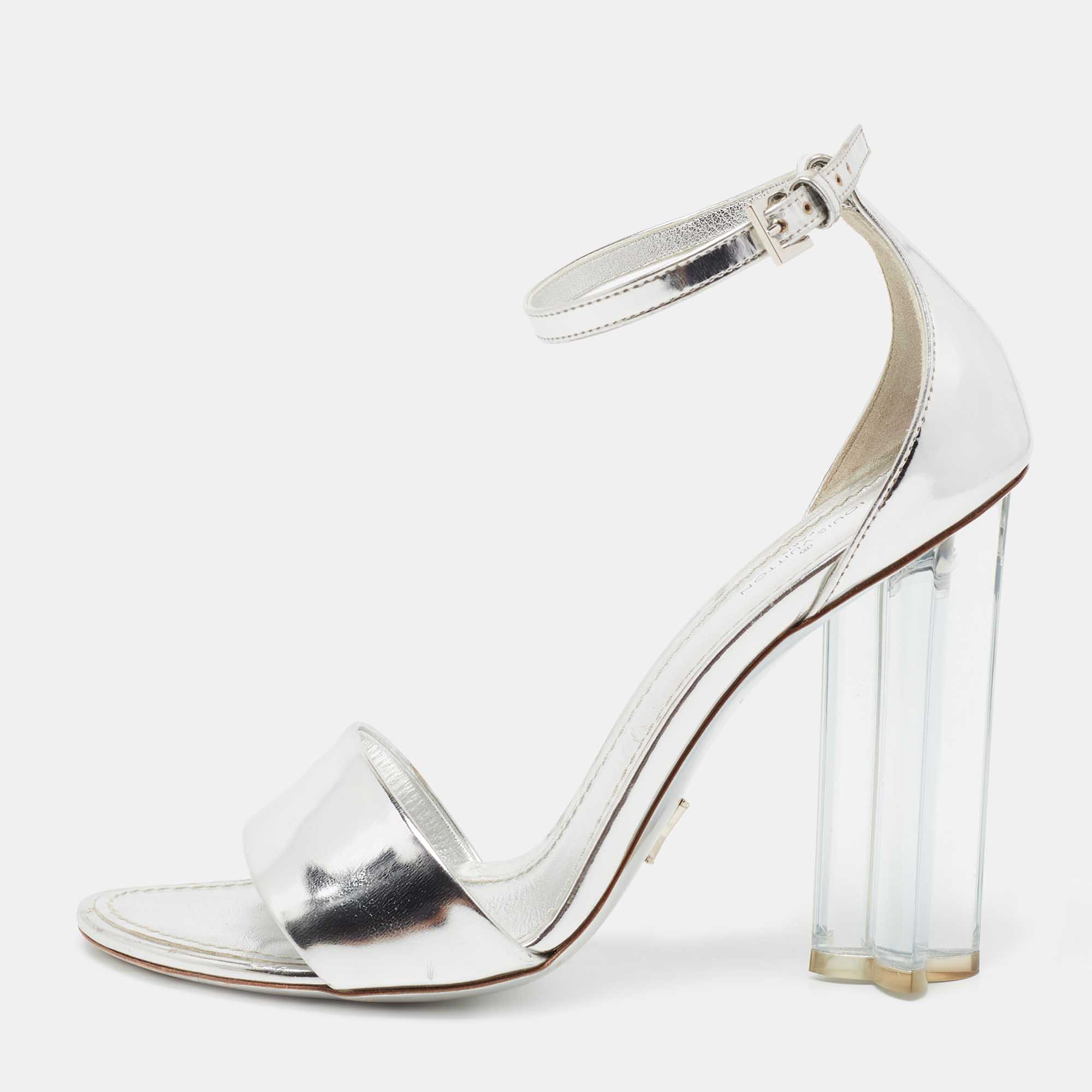 Louis Vuitton Silver Leather Ankle Strap Crystal Flower Sandals Size 38