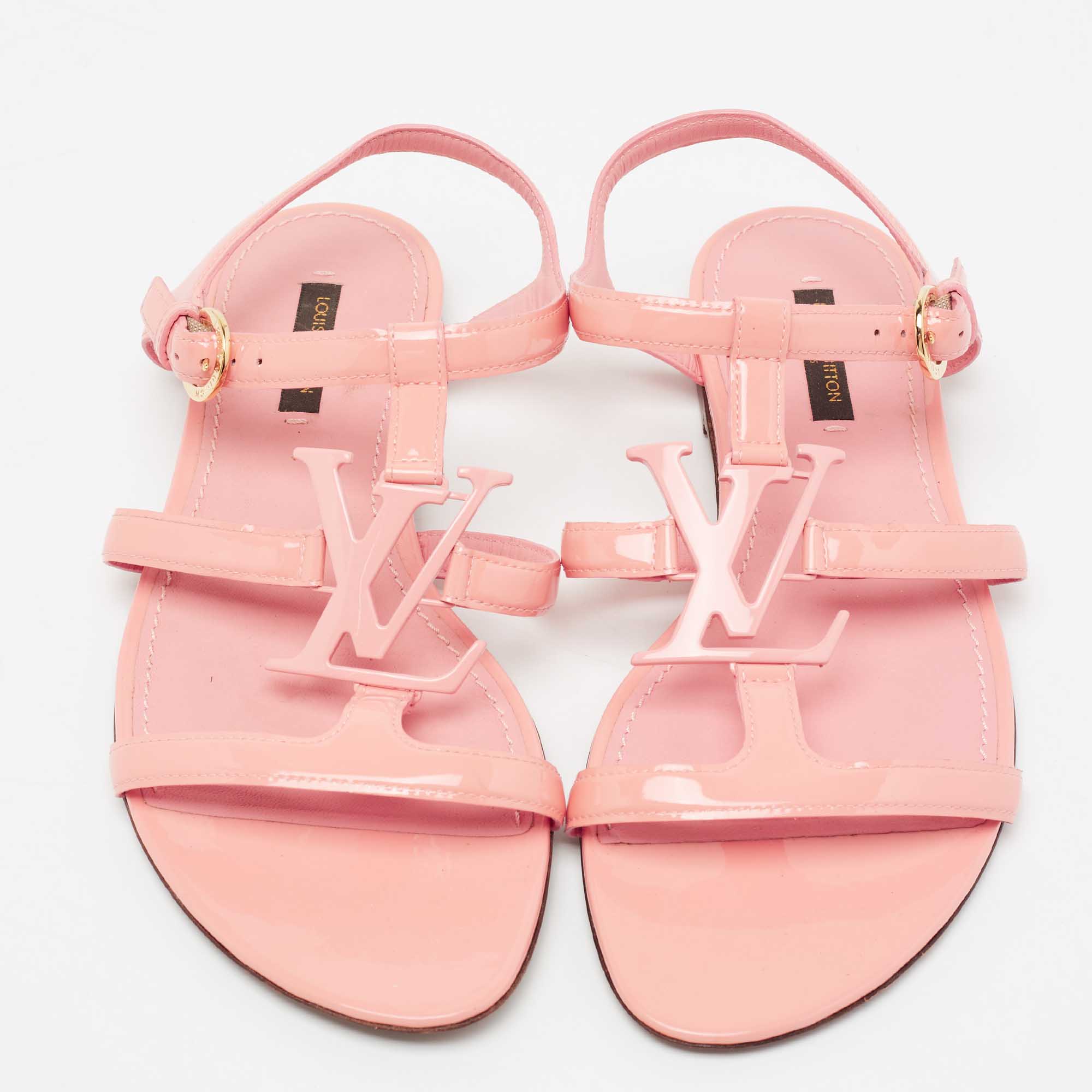 Louis Vuitton Peach Pink Patent Leather LV Logo Flat Ankle-Strap Sandals  Size 38 Louis Vuitton