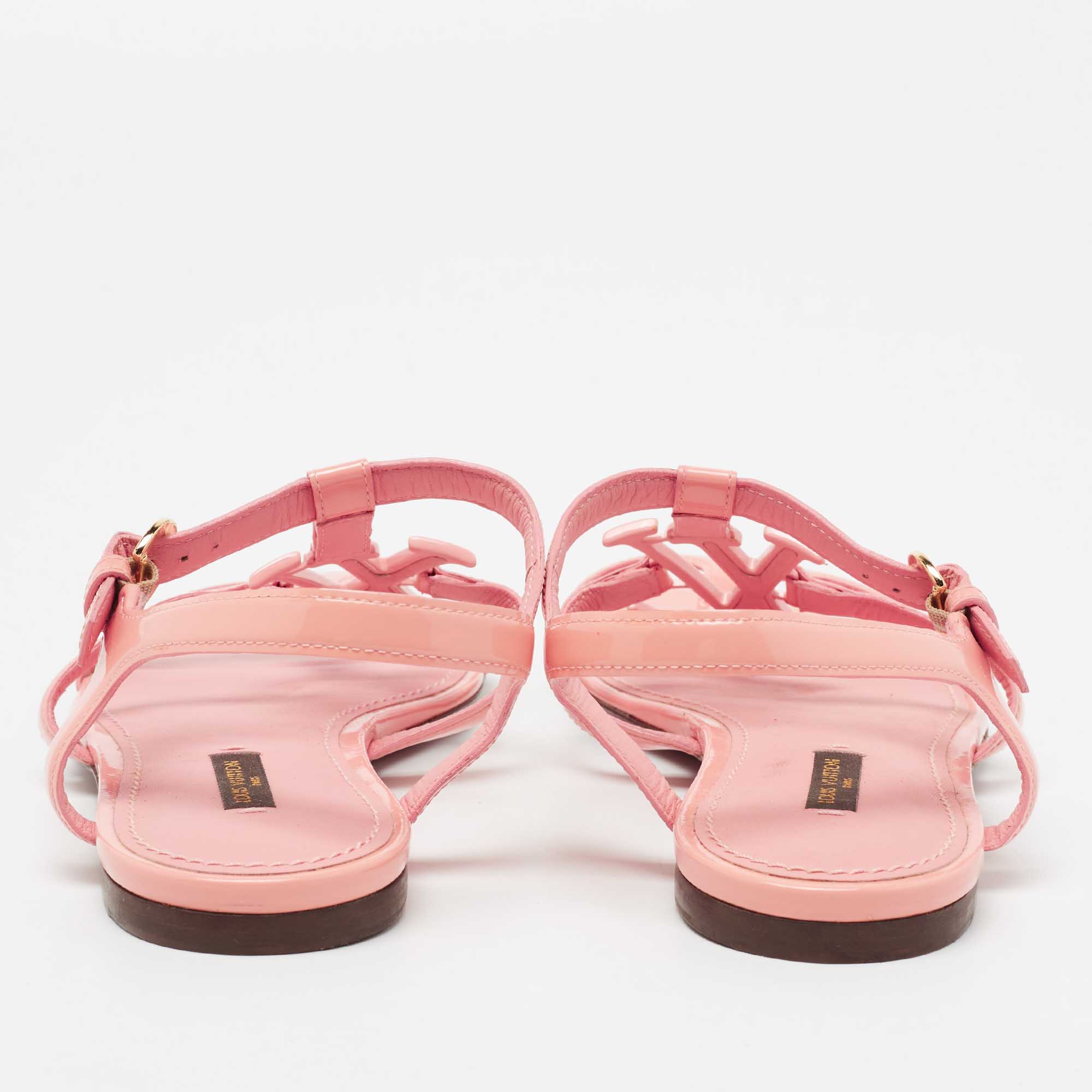 Louis Vuitton Peach Pink Patent Leather LV Logo Flat Ankle-Strap Sandals  Size 38 Louis Vuitton