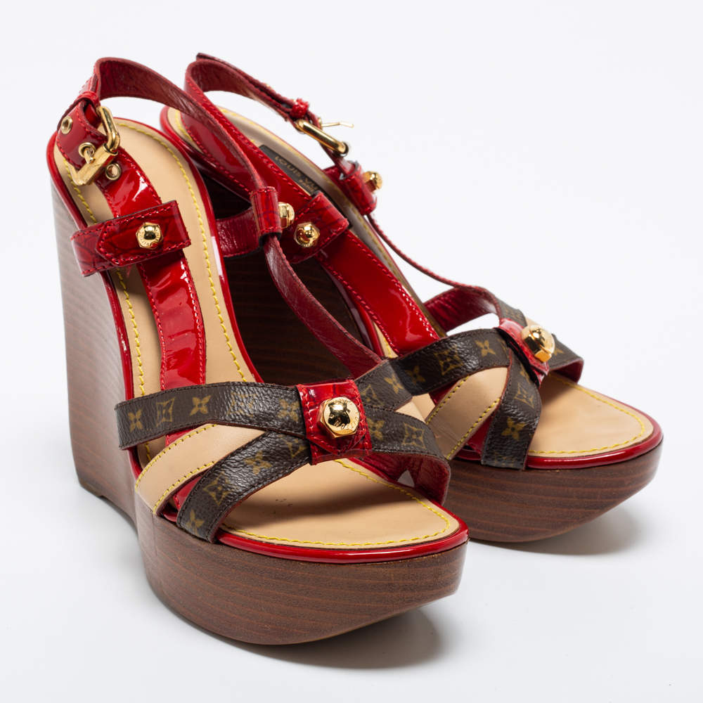 Louis Vuitton Red/Brown Patent Leather And Monogram Canvas Wedge