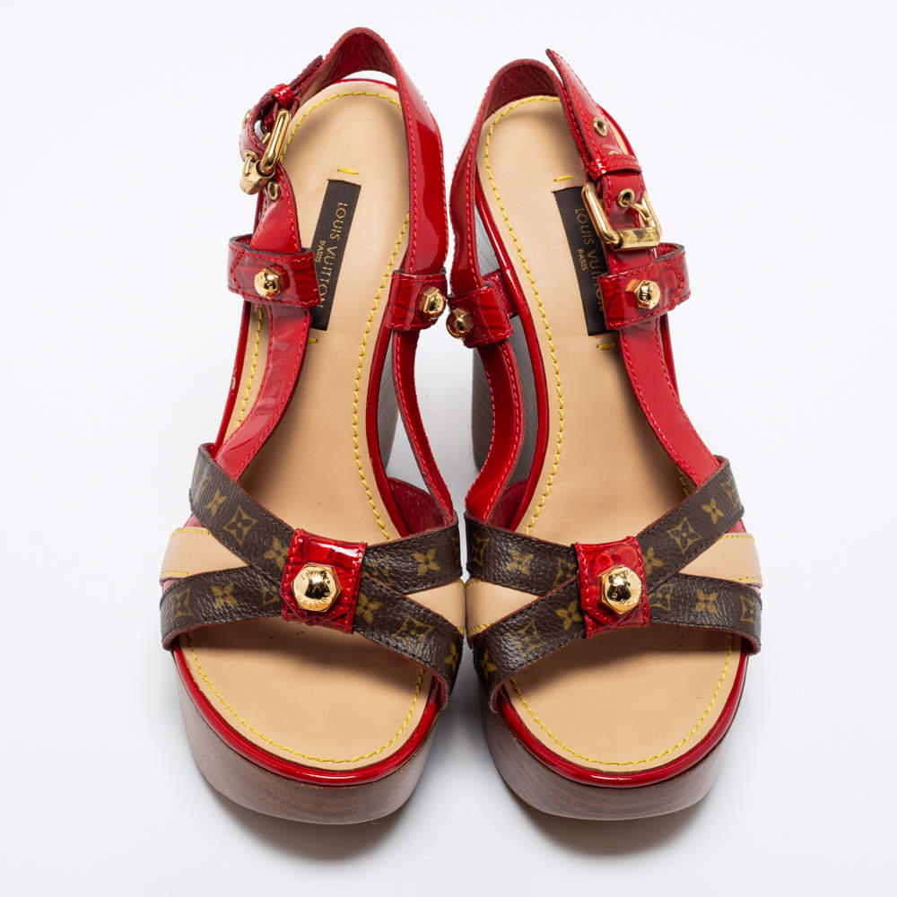 Louis Vuitton Tri-Color Patent Leather and Monogram Canvas Wedge Platform  Slingback Sandals Size 36 Louis Vuitton