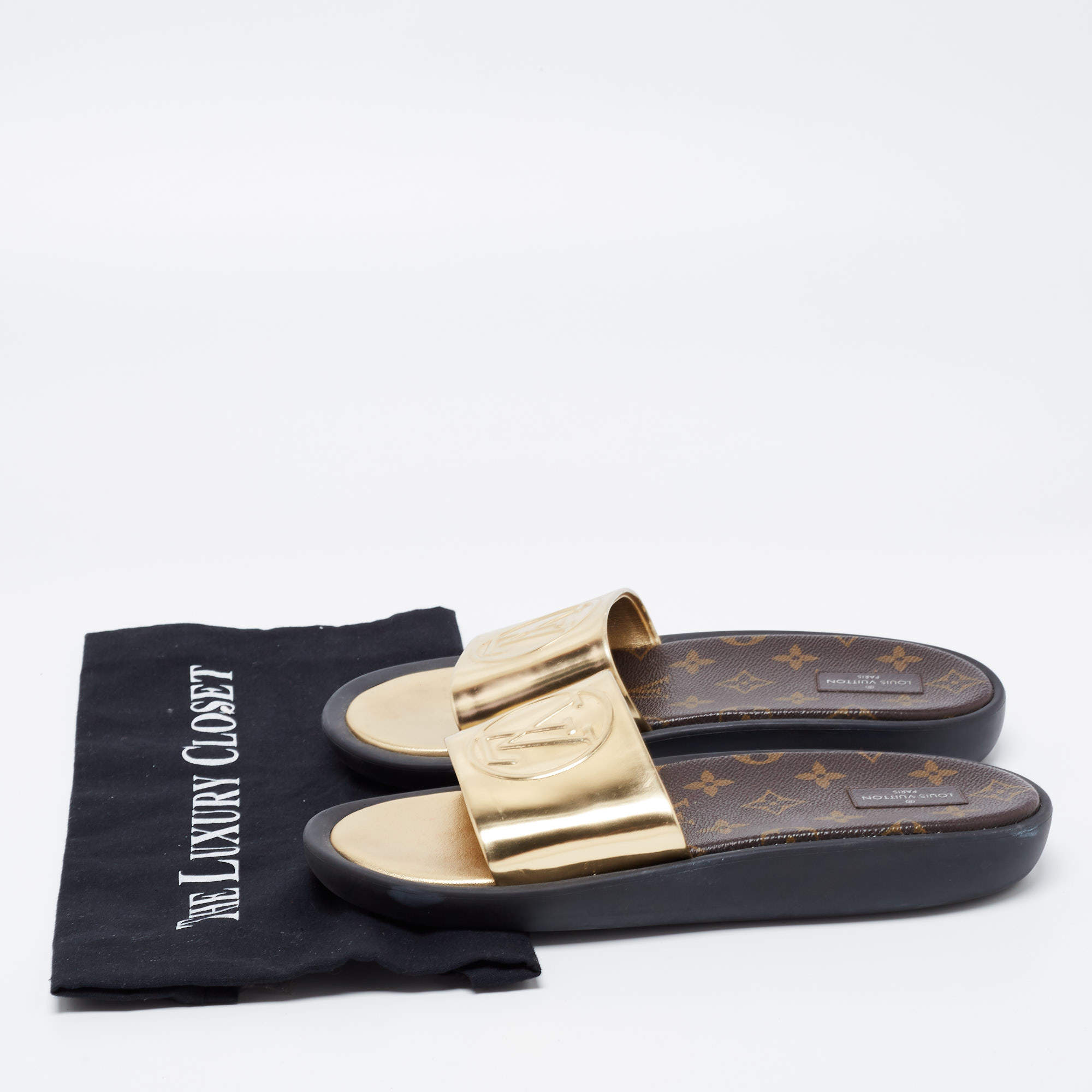 Louis Vuitton Gold Leather Sunbath Flat Slides Size 39 Louis Vuitton