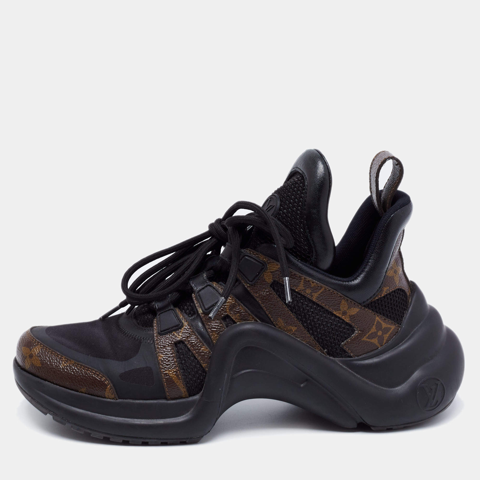 Louis Vuitton Black/Brown Satin, Mesh, Leather and Monogram Canvas Archlight Low-Top Sneakers Size 38