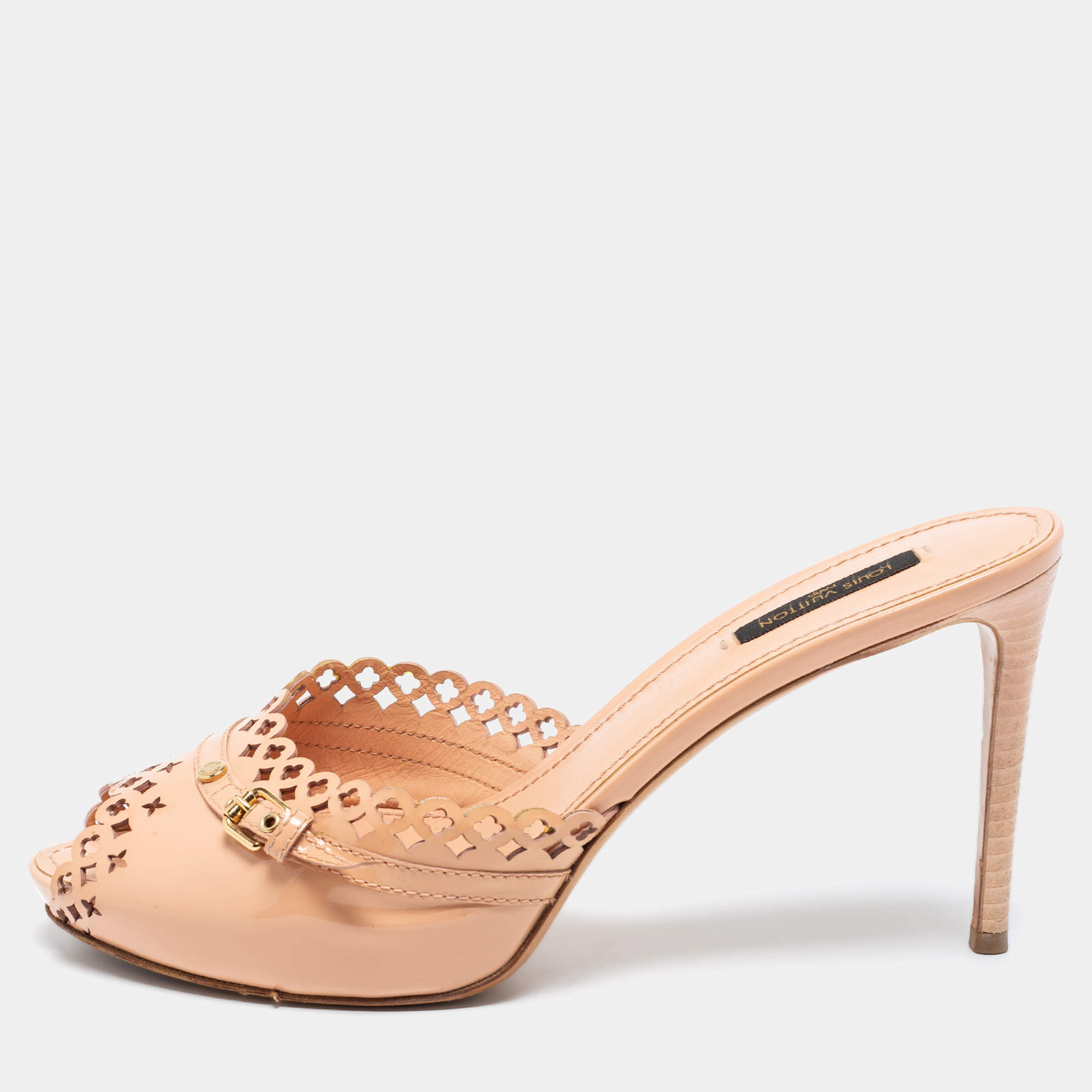 Pre Owned Louis Vuitton Peach Pink Patent Leather Monogram Cut-Out Peep-Toe Mules Size 39.5