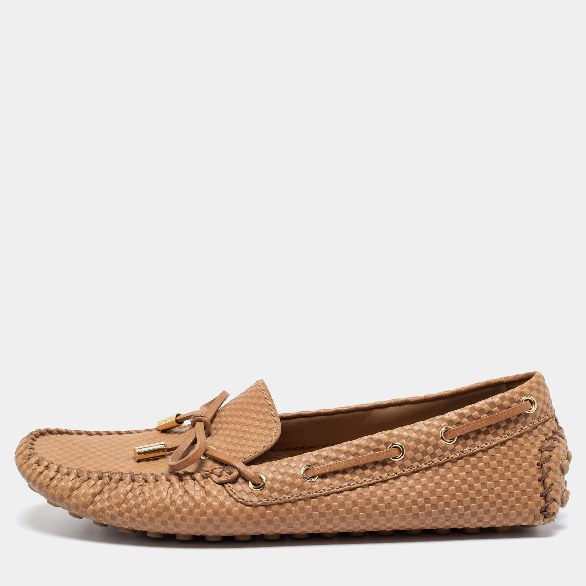 مملوكة مسبقًا Louis Vuitton Light Brown Petit Damier Embossed Leather Gloria Bow Loafers Size 38.5