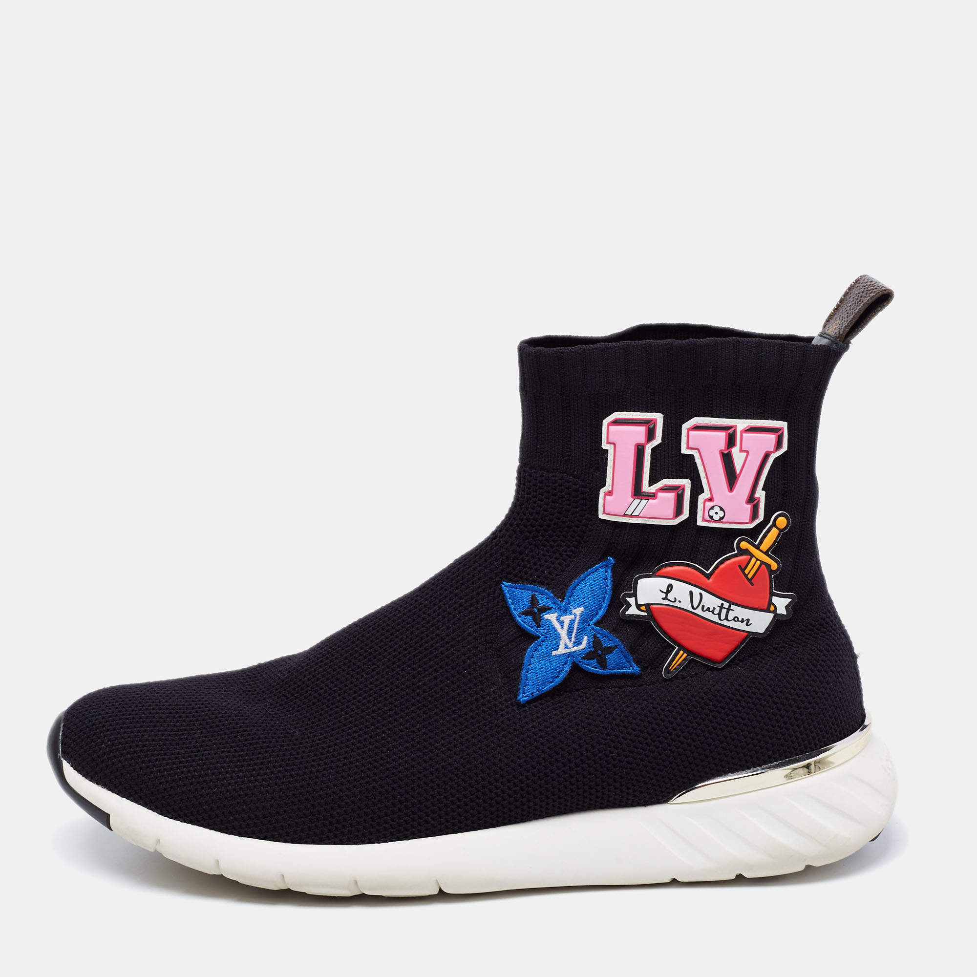 Louis Vuitton Black Knitted Fabric Black Heart High Top Sneakers Size 41