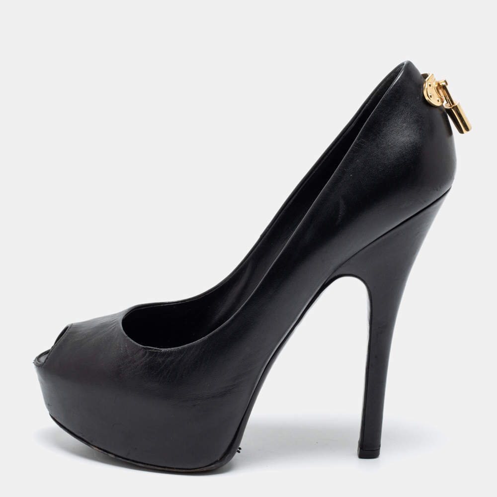 مملوكة مسبقًا حذاء كعب عالي لوي فيتون أوه ريلي! جلد أسود لامع مقدمة مفتوحة نعل سميك مقاس 38