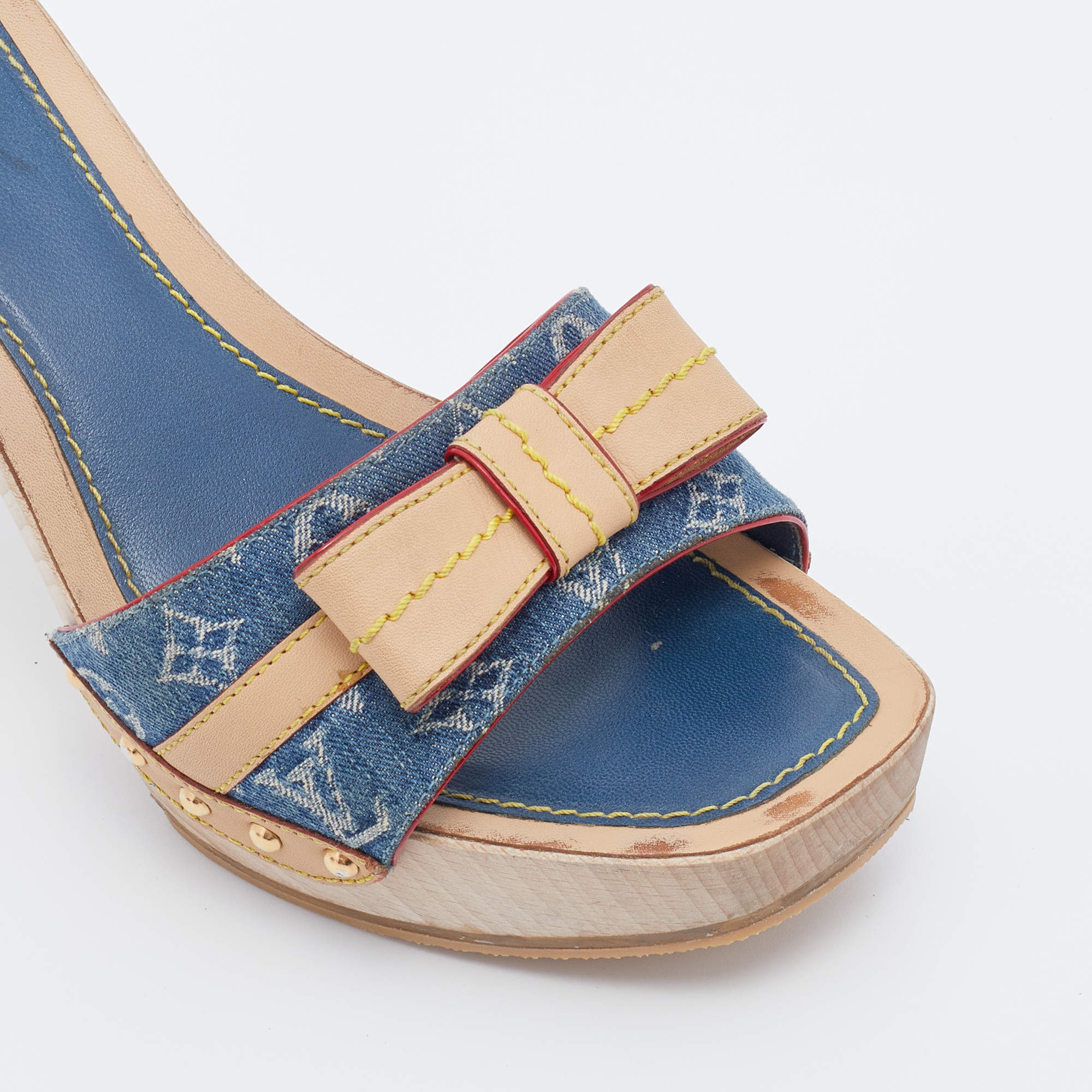 Louis Vuitton Beige Leather and Monogram Denim Bow Platform Sandals Size  37.5 Louis Vuitton
