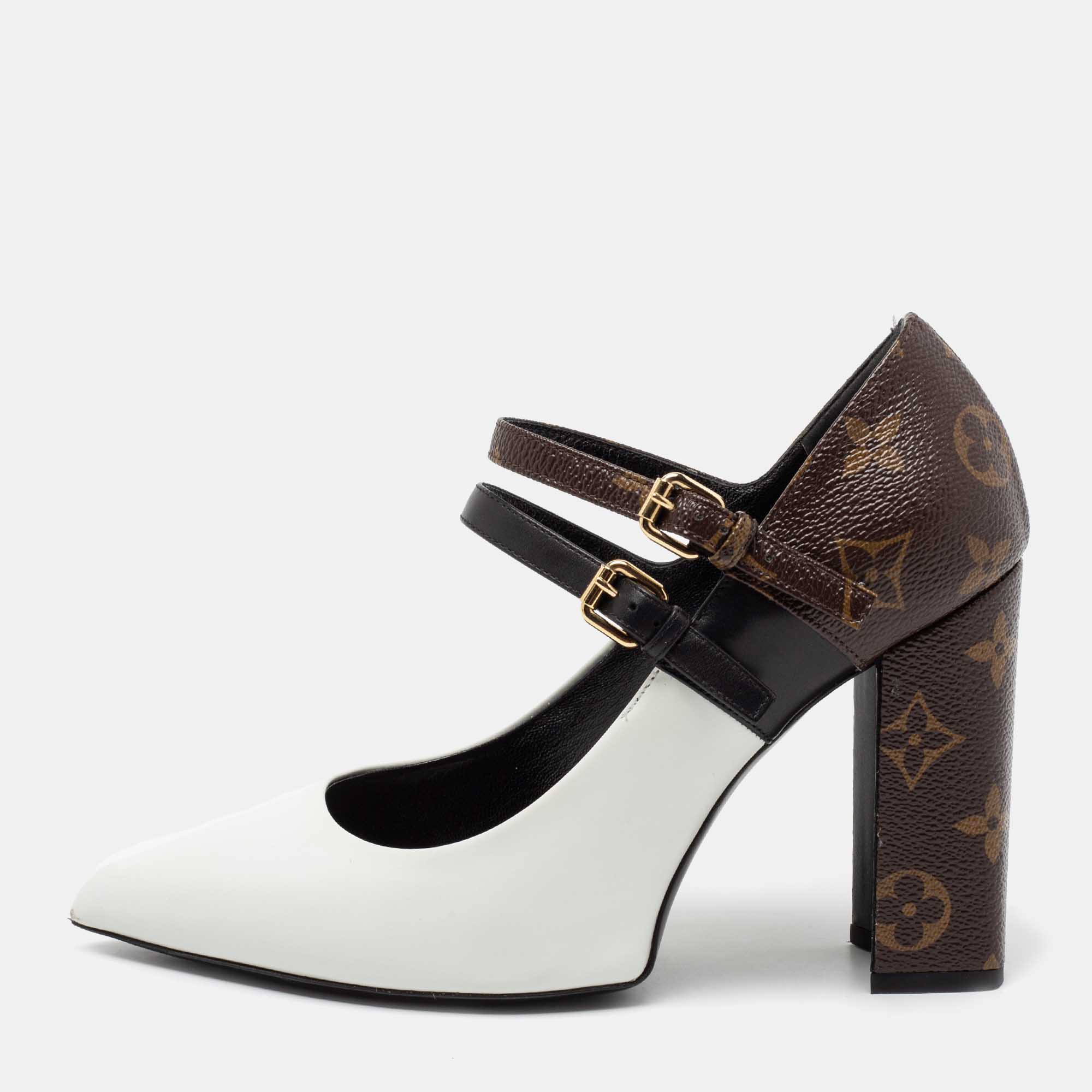 مملوكة مسبقًا Louis Vuitton White/Brown Monogram Canvas and Leather Mary Jane Pumps Size 37