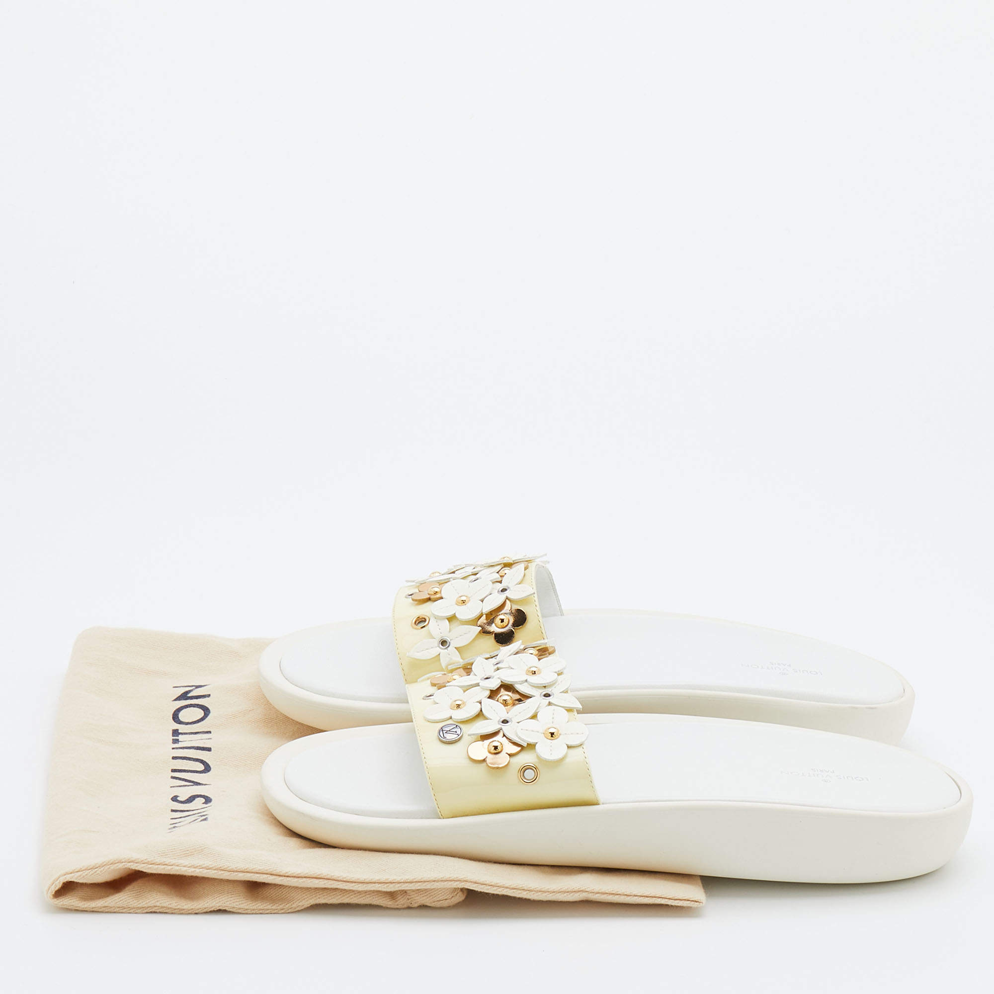 Louis Vuitton White Patent Leather Sunbath Flower Slide Sandals Size 38 Louis  Vuitton