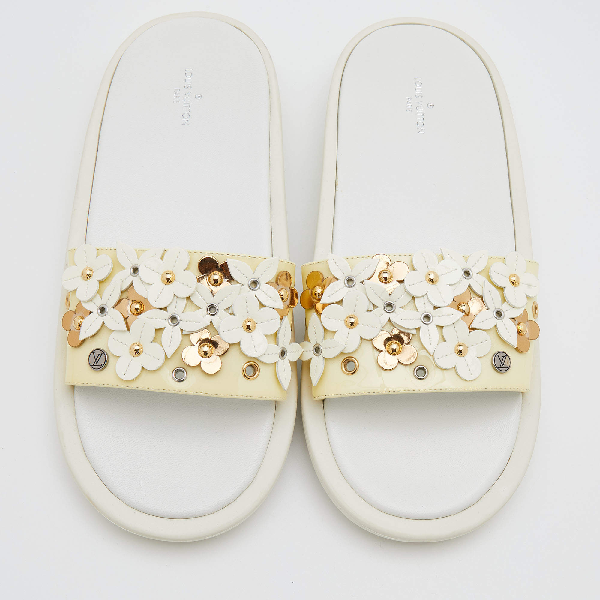 Louis Vuitton White Patent Leather Sunbath Flower Slide Sandals