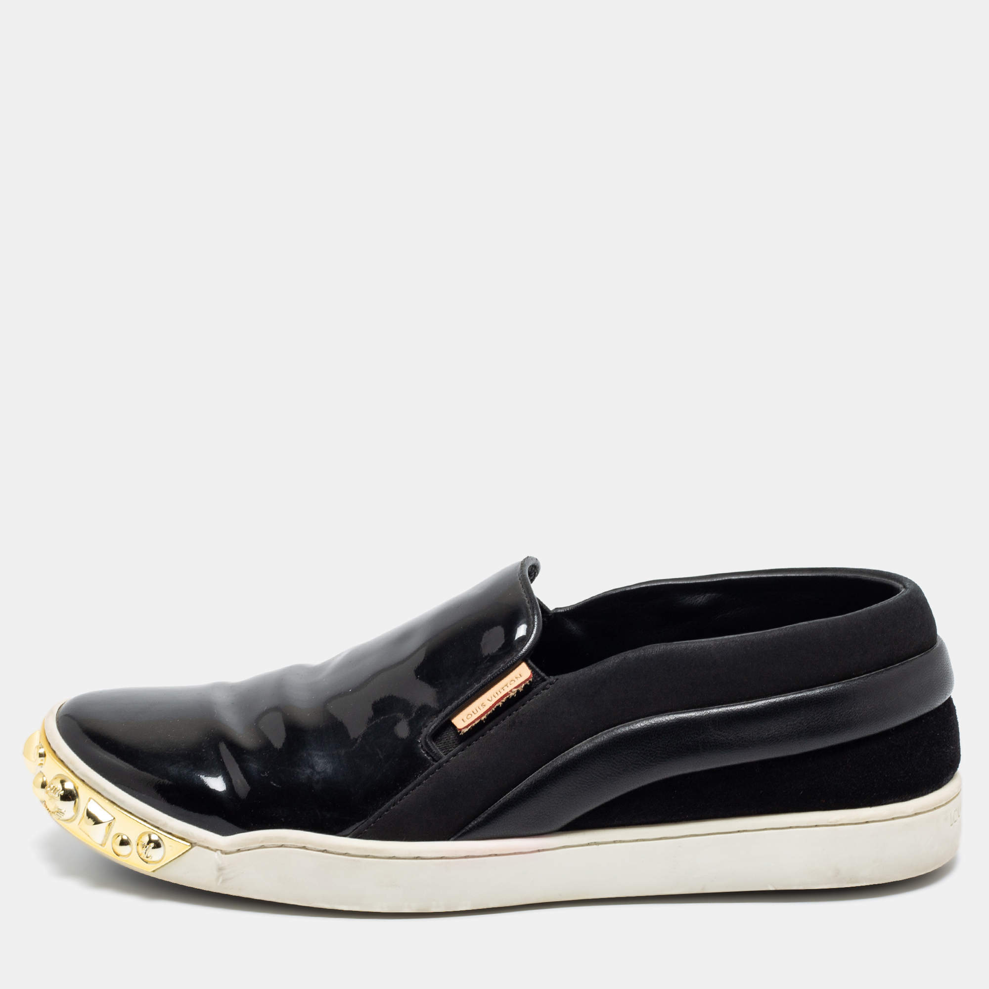 Louis Vuitton Black Suede, Patent and Leather Studded Tempo Slip-On Sneakers Size 38