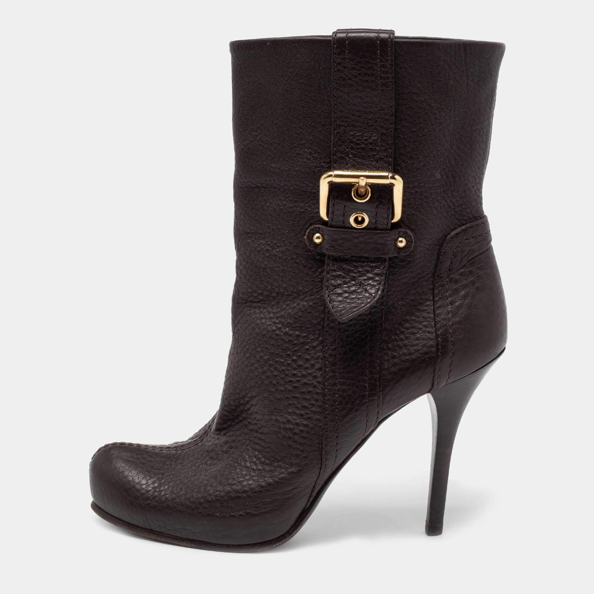 Pre Owned Louis Vuitton Dark Brown Leather Ankle Length Boots 37.5