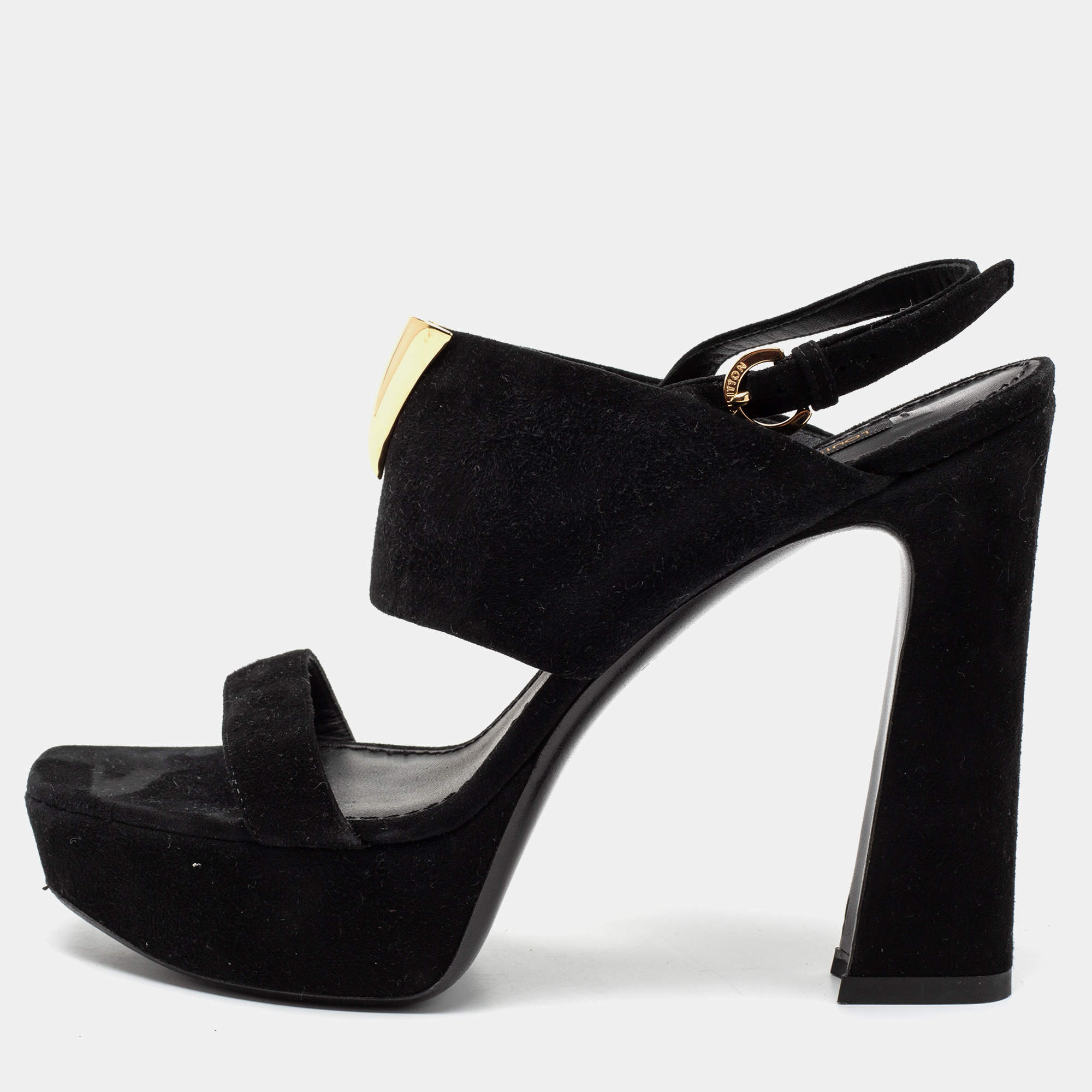 Louis Vuitton Black Suede Platform Slingback Sandals Size 37.5 Louis Vuitton