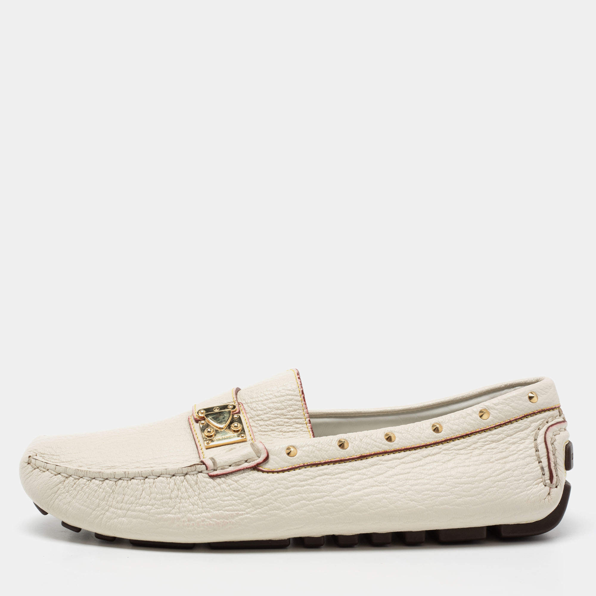 مملوكة مسبقًا Louis Vuitton Off White Leather S Lock Slip On Loafers Size 40.5