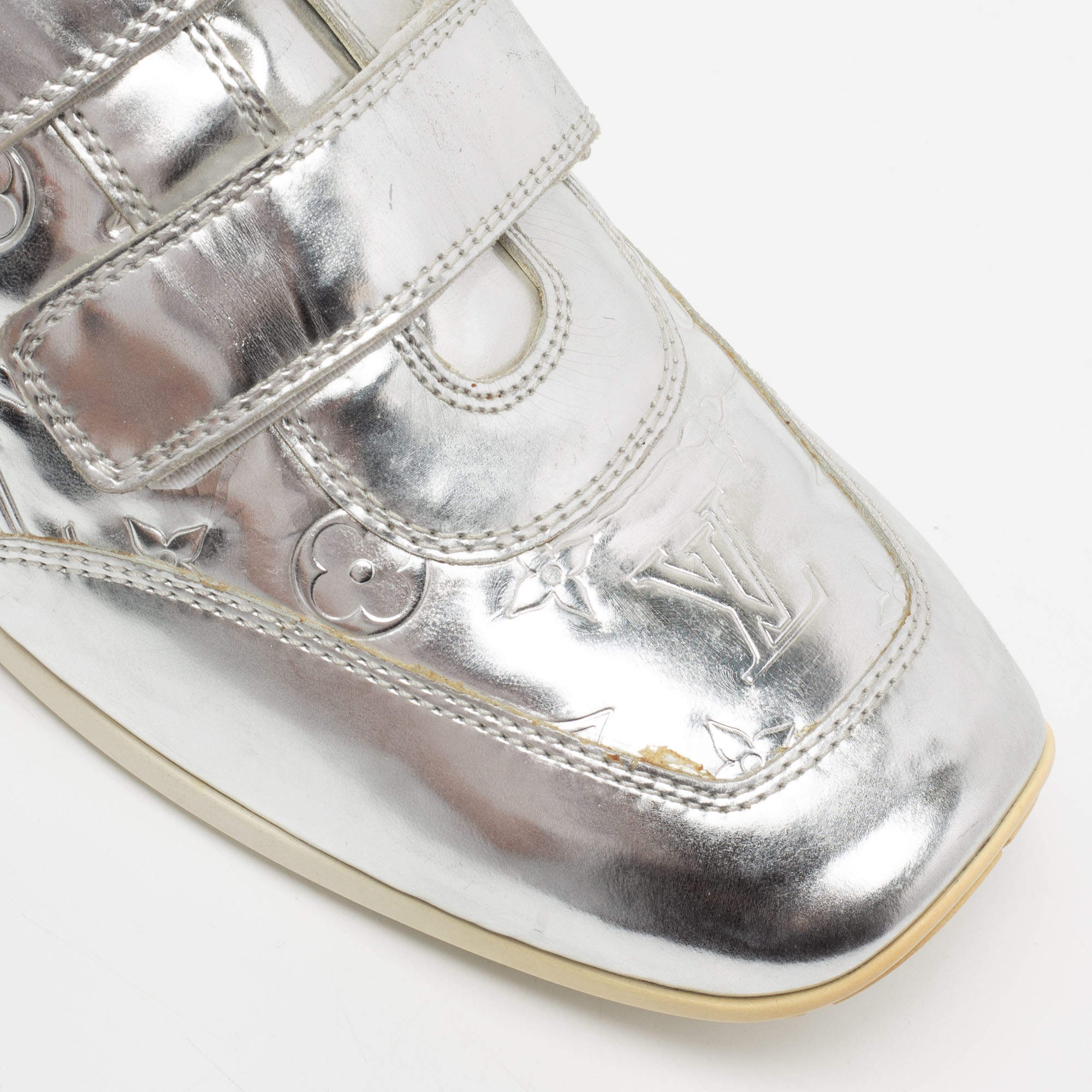 Louis Vuitton Metallic Silver Monogram Leather Trainers Lace Up