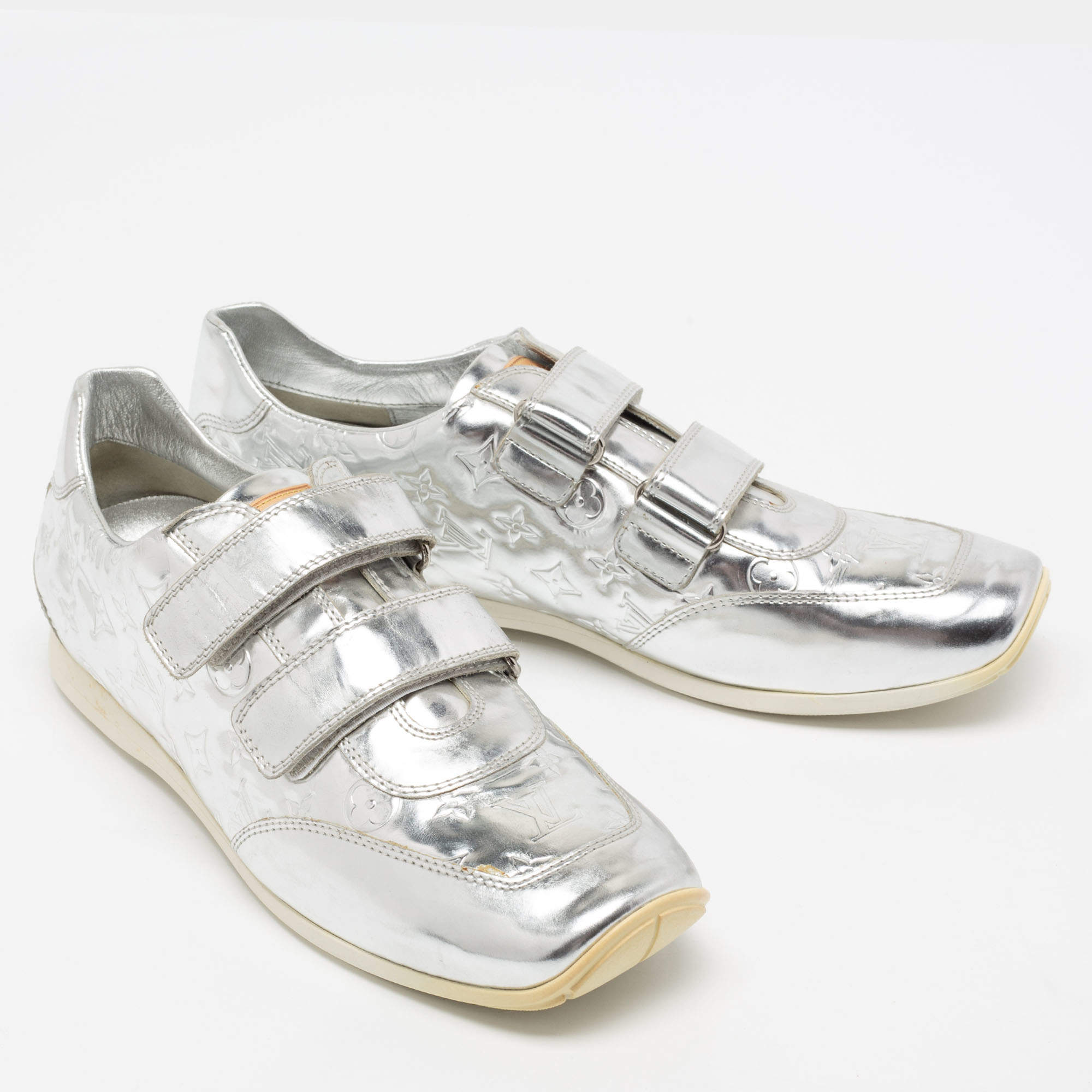 Louis Vuitton Metallic Silver Monogram Leather Trainers Lace Up Low Top  Sneakers Size 38 Louis Vuitton