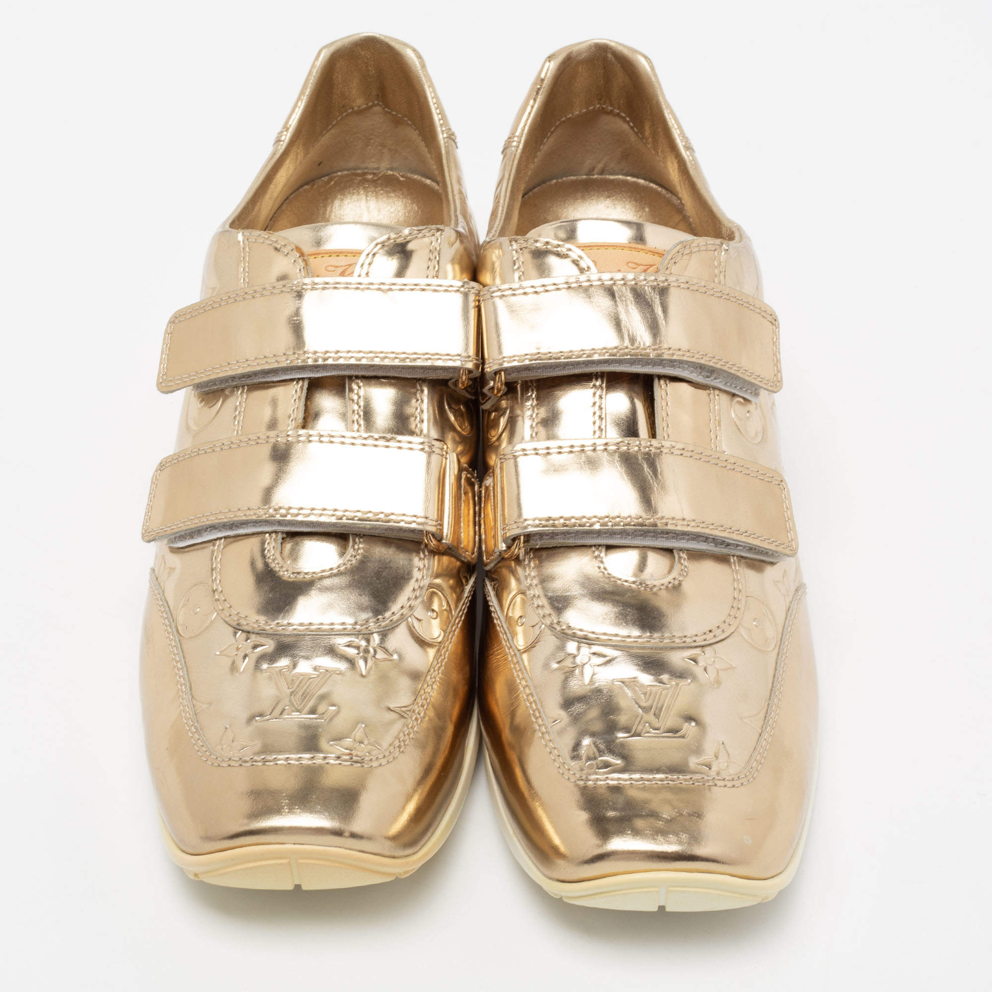 Louis Vuitton Metallic Gold Monogram Embossed Leather Velcro Strap Sneakers  Size 40.5 Louis Vuitton