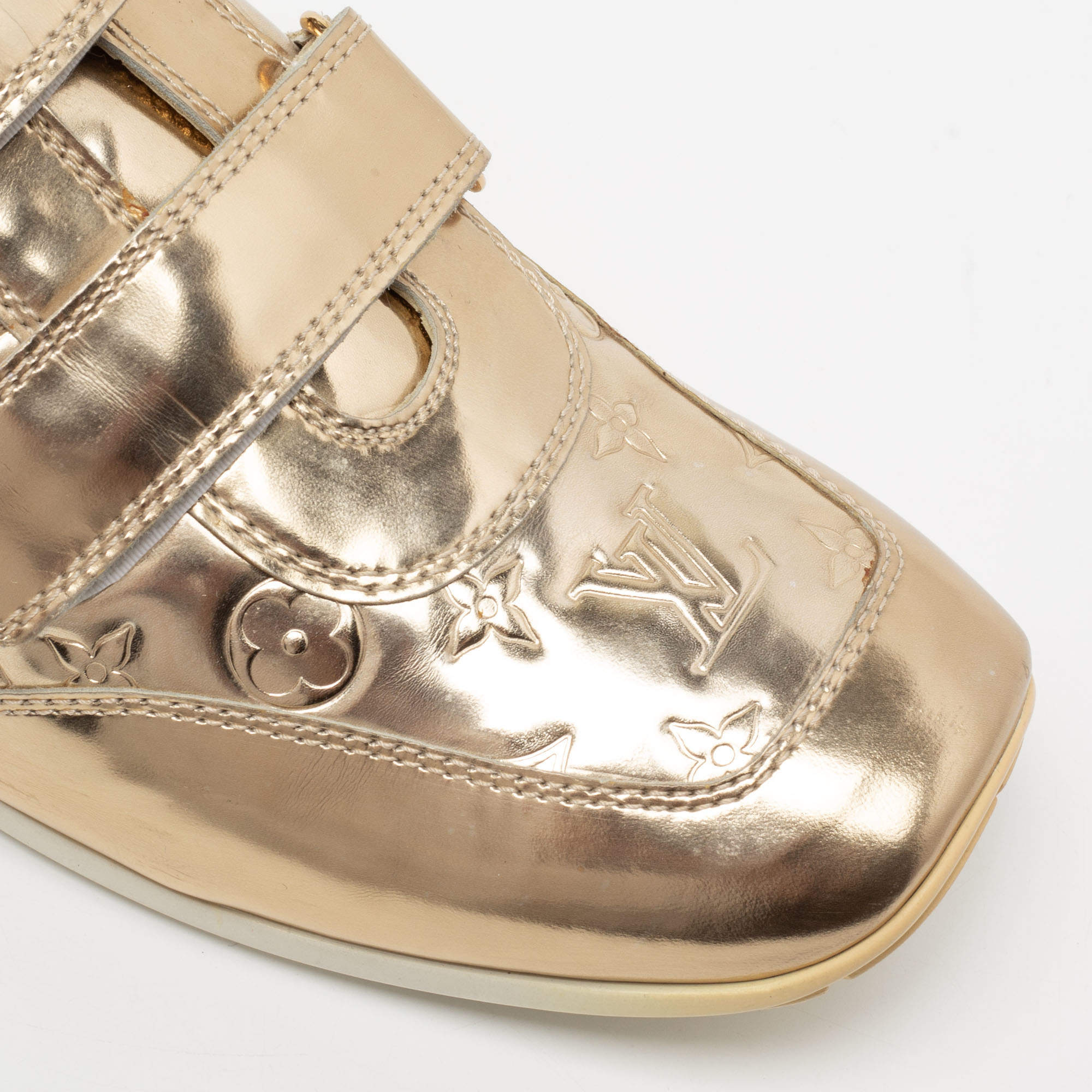 Louis Vuitton Metallic Gold Monogram Embossed Leather Velcro Strap Sneakers  Size 40.5 Louis Vuitton