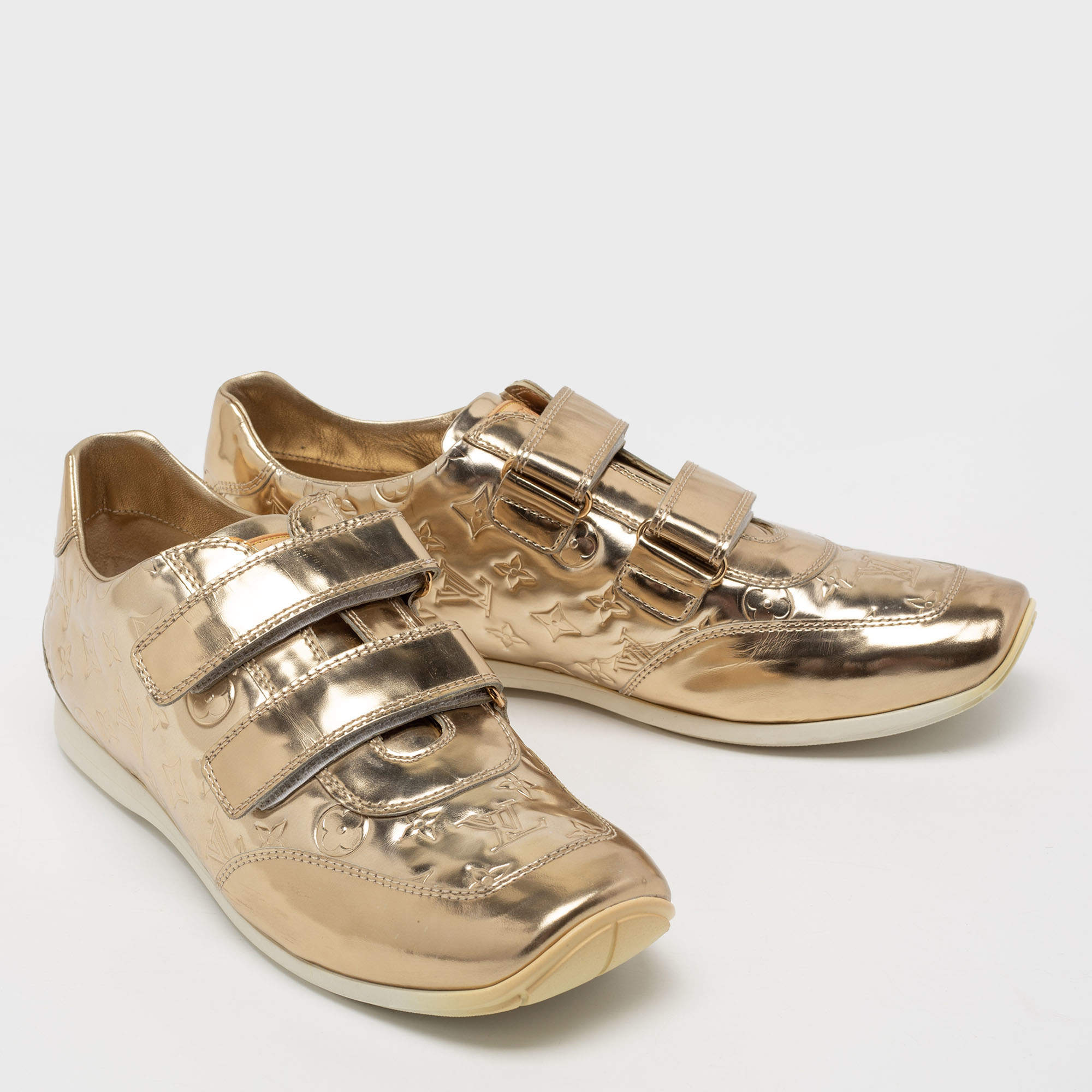 Louis Vuitton Metallic Gold Monogram Embossed Leather Velcro Strap Sneakers  Size 40.5 Louis Vuitton