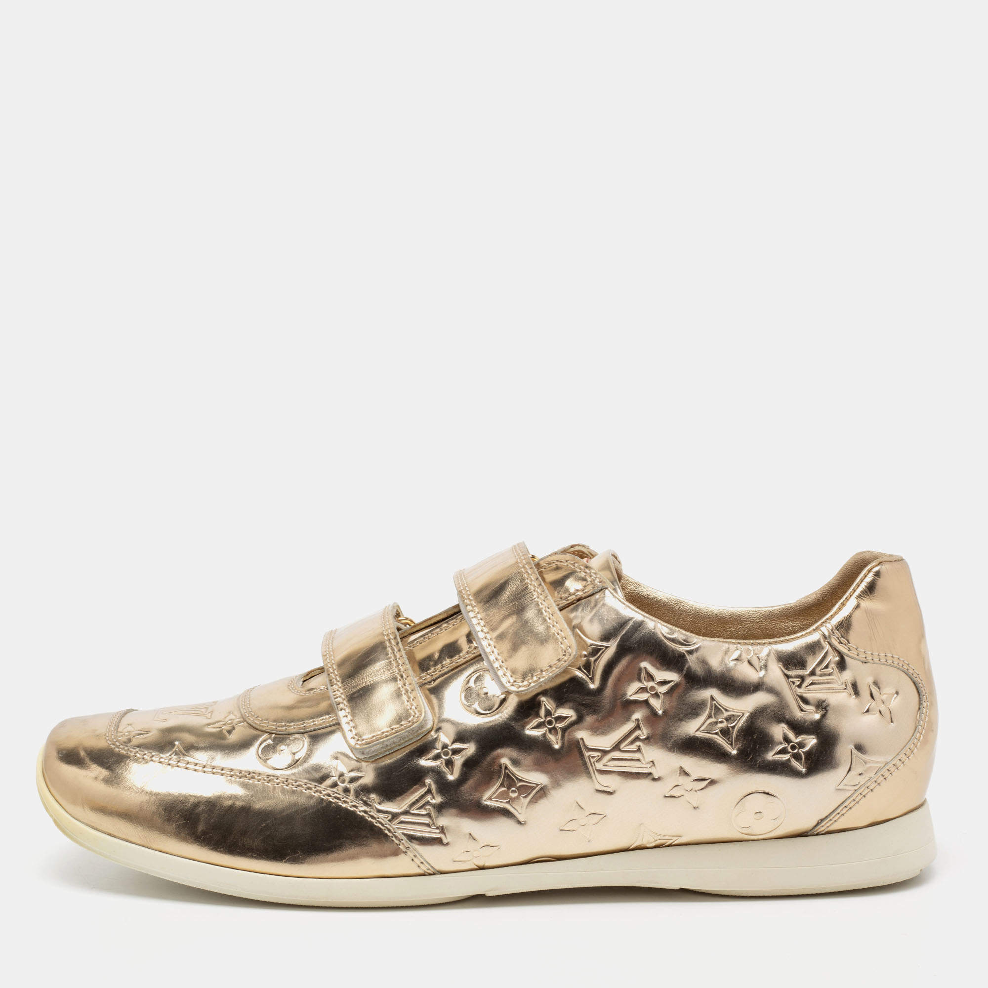 Louis Vuitton Metallic Gold Monogram Embossed Leather Velcro Strap Sneakers Size 40.5