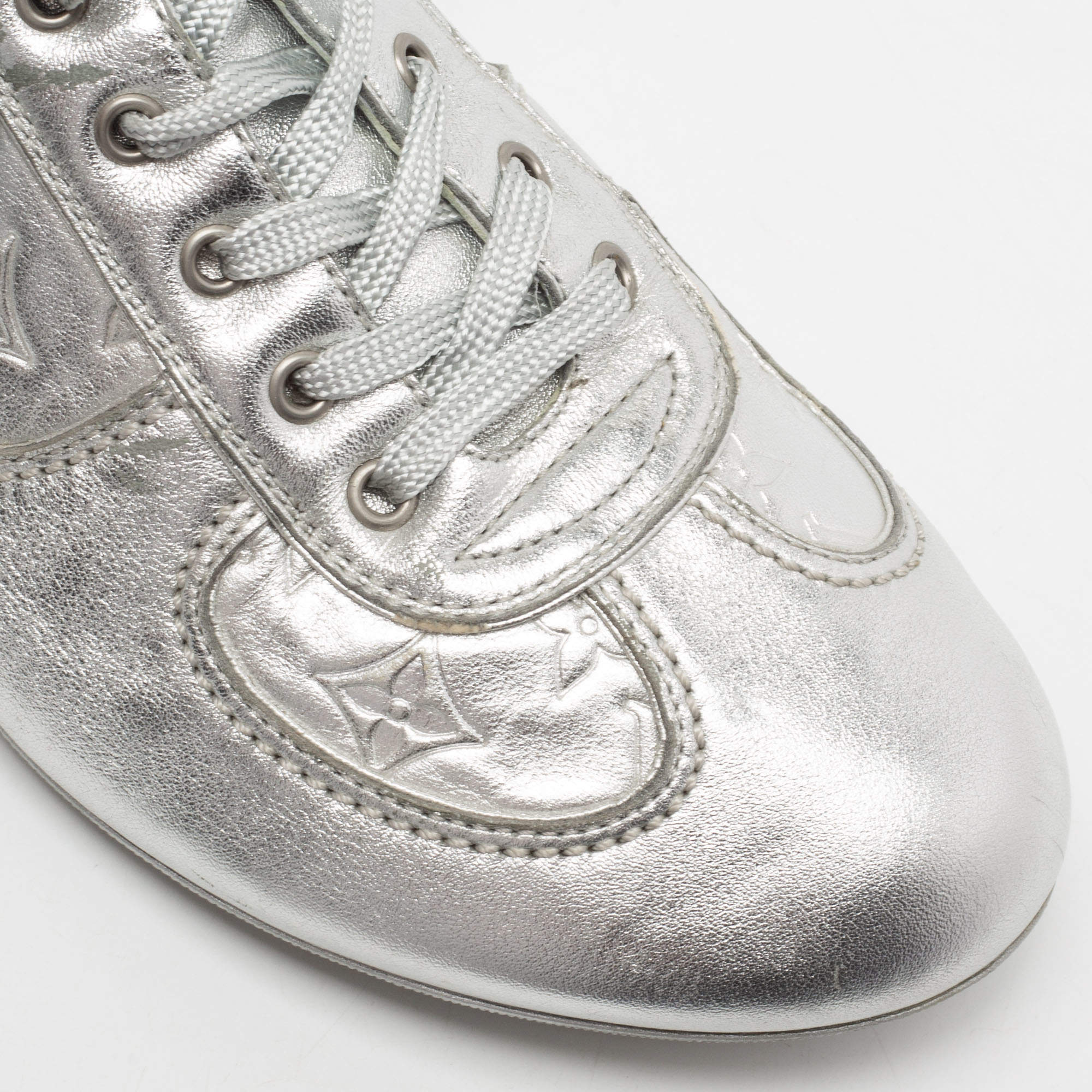 Louis Vuitton Metallic Silver Monogram Leather Trainers Lace Up Low Top  Sneakers Size 38 Louis Vuitton
